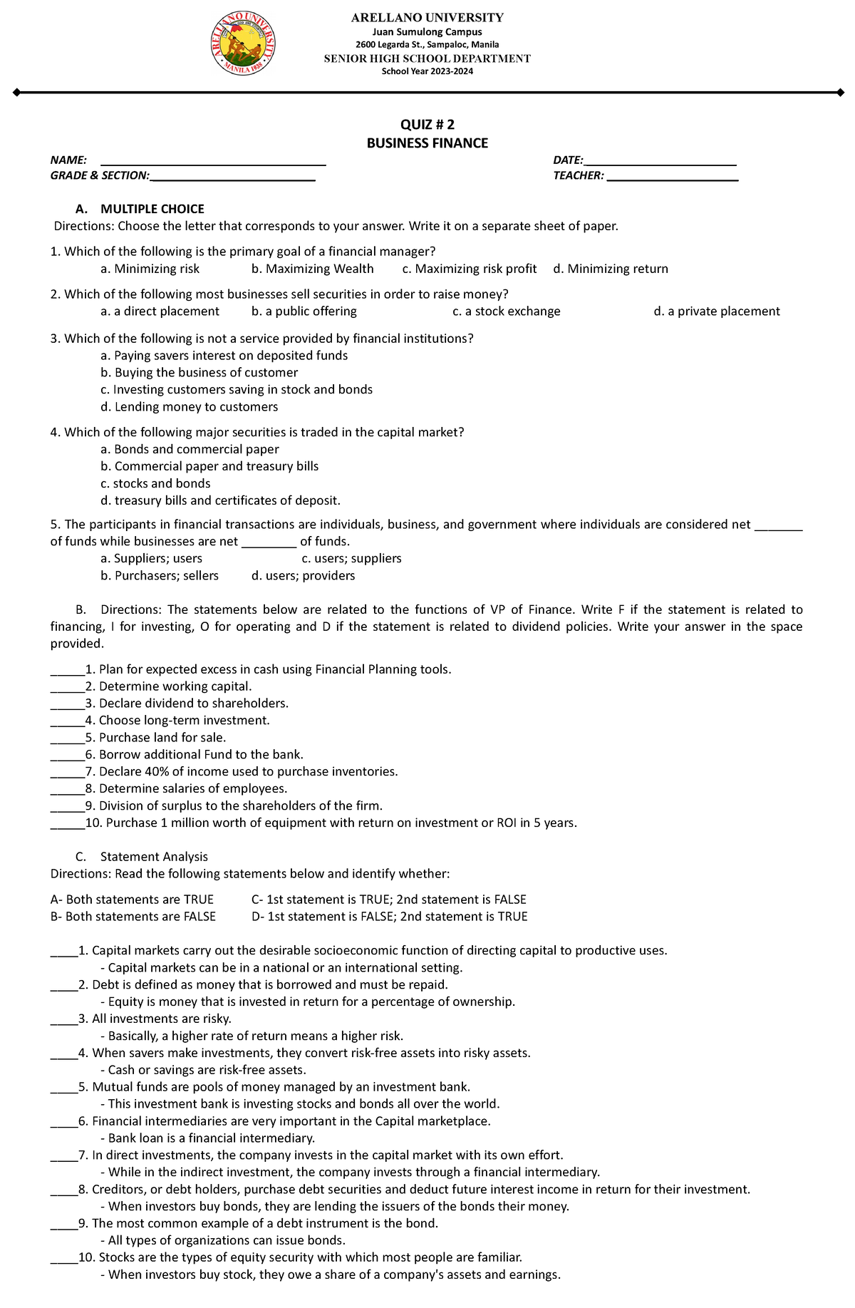 QUIZ 2 - Business Finance - ARELLANO UNIVERSITY Juan Sumulong Campus ...