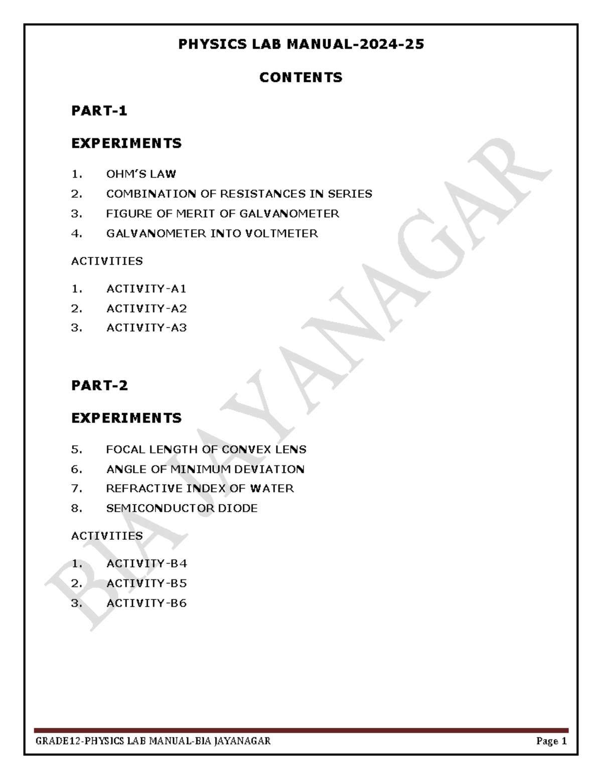 Grade 12 phy lab manual-2024-25 - PHYSICS LAB MANUAL-2024- CONTENTS ...