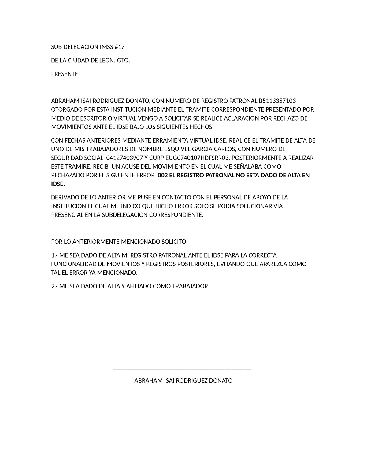 14569 - Solicitud de corrección error idse a imss alta patronal - SUB ...