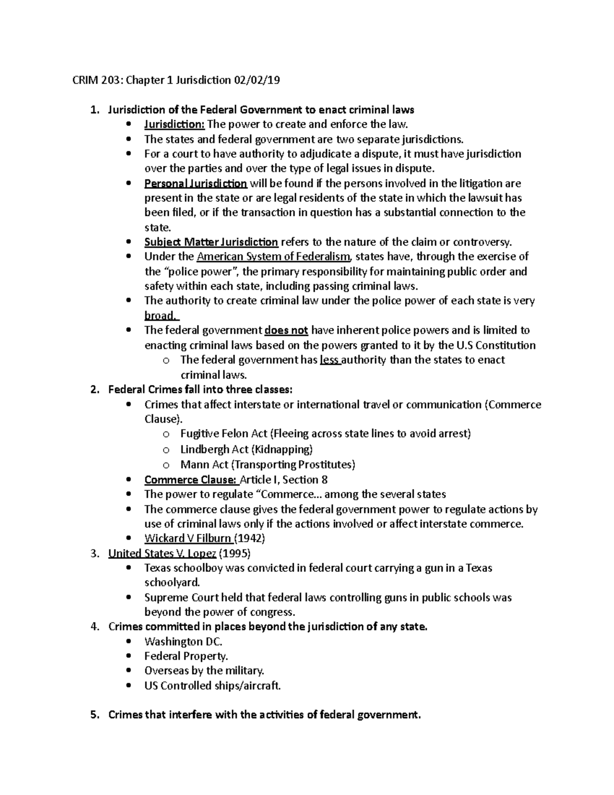 CRIM 203 Chapter 2 - Lecture notes 2 - CRIM 203: Chapter 1 Jurisdiction ...