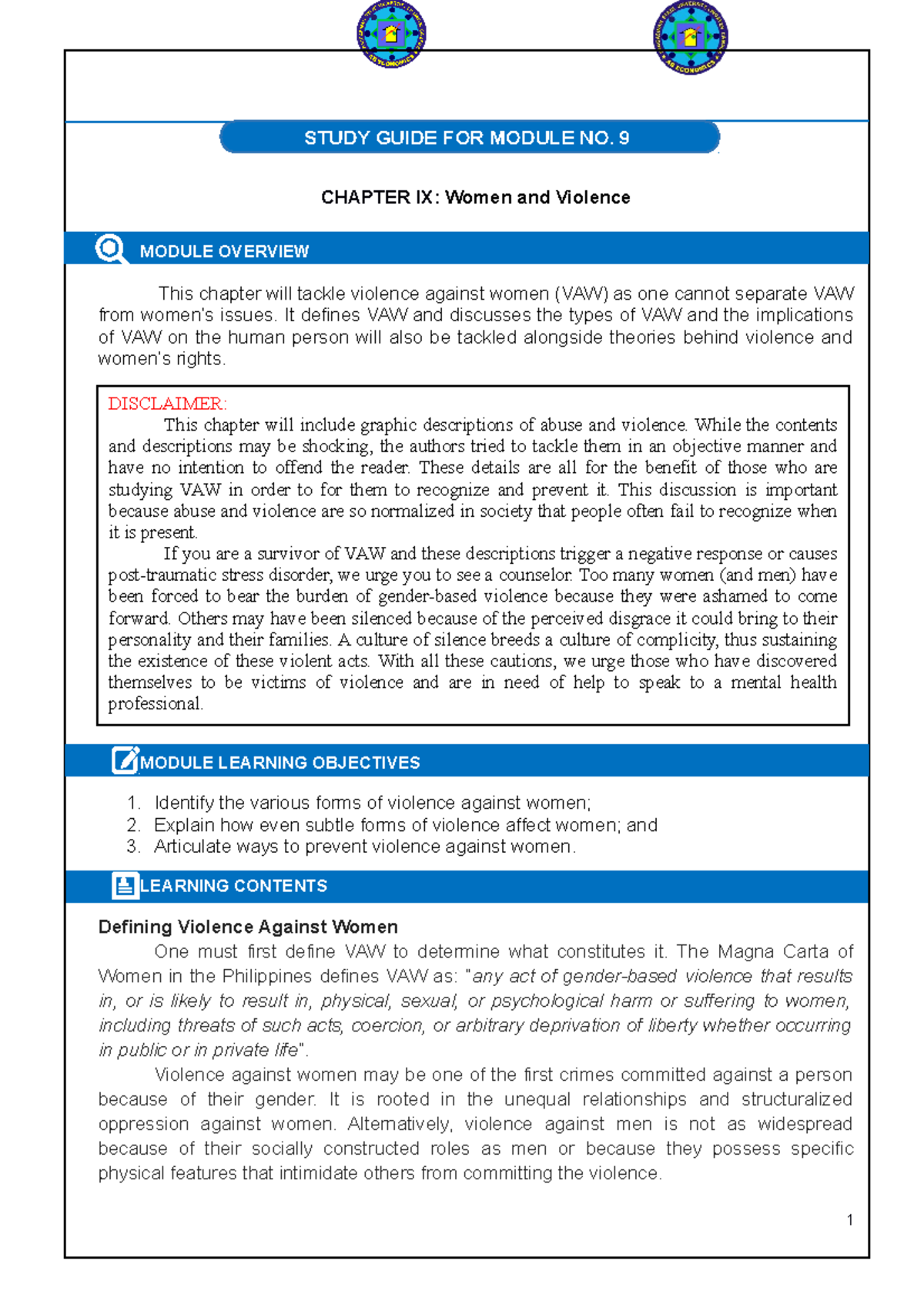 Women and Violence - Lecture notes 1 - Gender and Society - PangSU ...