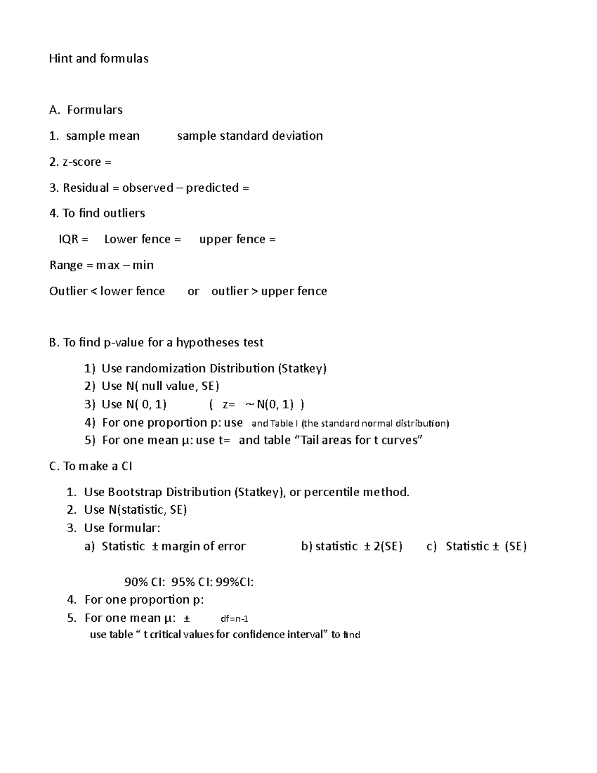 Recommended formulas - Hint and formulas A. Formulars sample mean ...