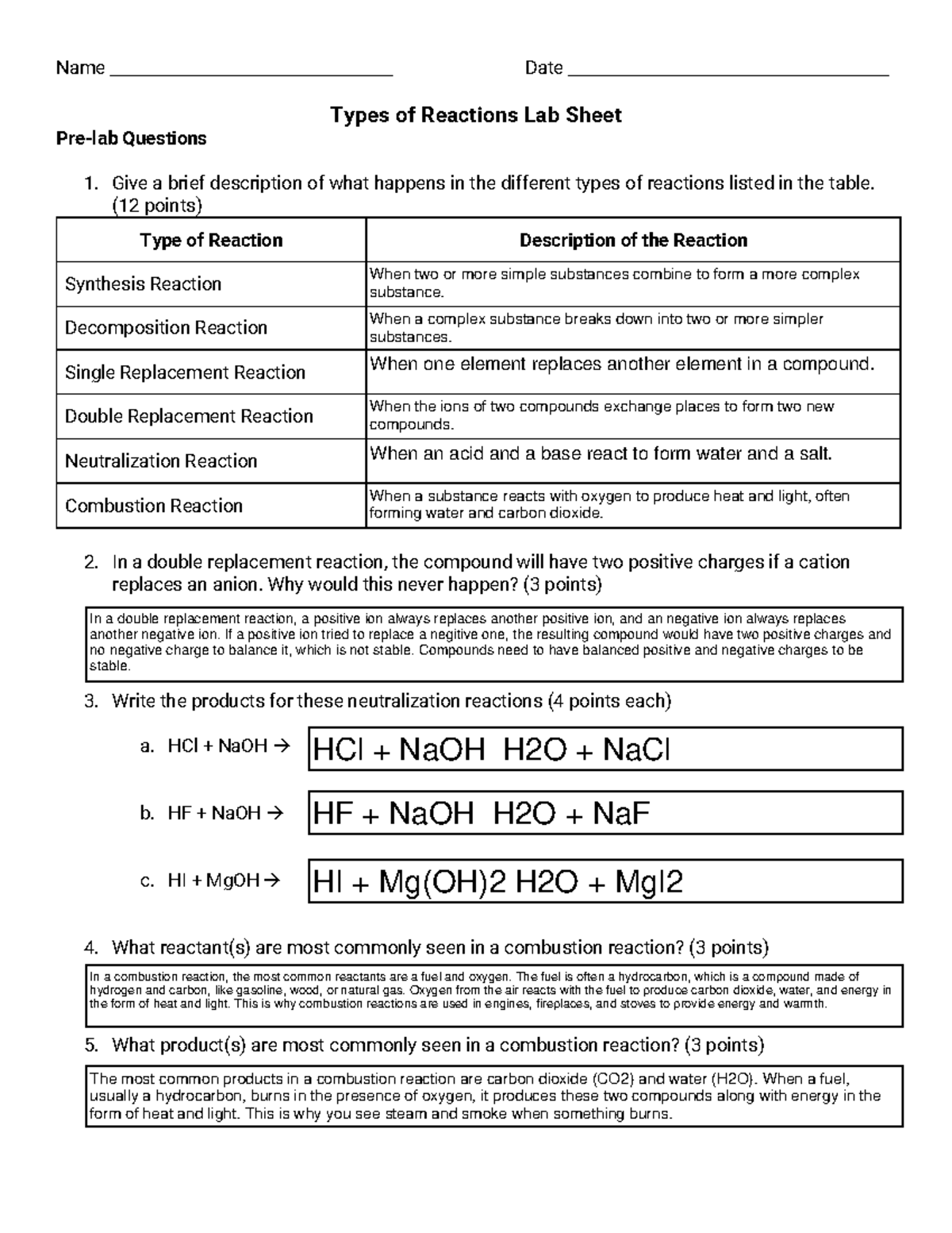 Types+of+Reactions+Lab Name Date Types of Reactions Lab Sheet Prelab