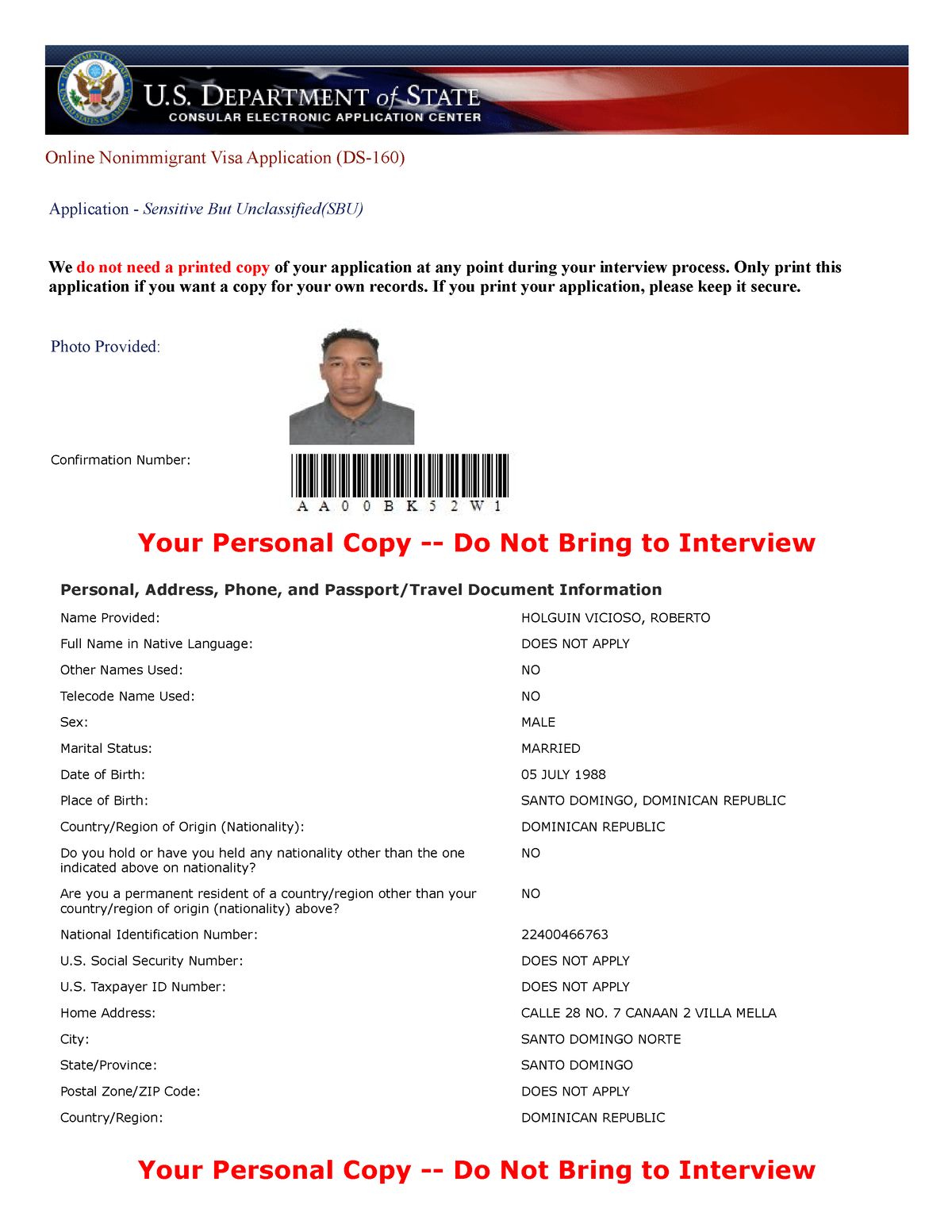 DS-160 Roberto Holguin Vicioso - Online Nonimmigrant Visa Application ...