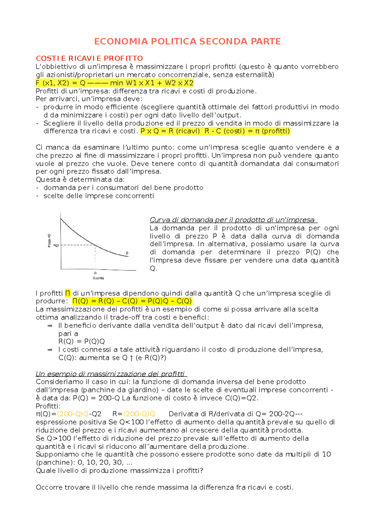 Economia Politica Seconda Parte - ECONOMIA POLITICA SECONDA PARTE COSTI ...