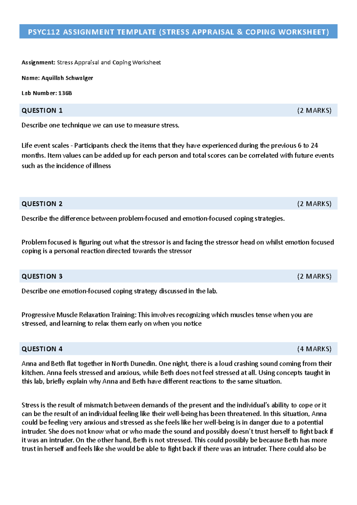 2022 PSYC112 Assignment Template - Lab 9 Stress Appraisal and Coping ...