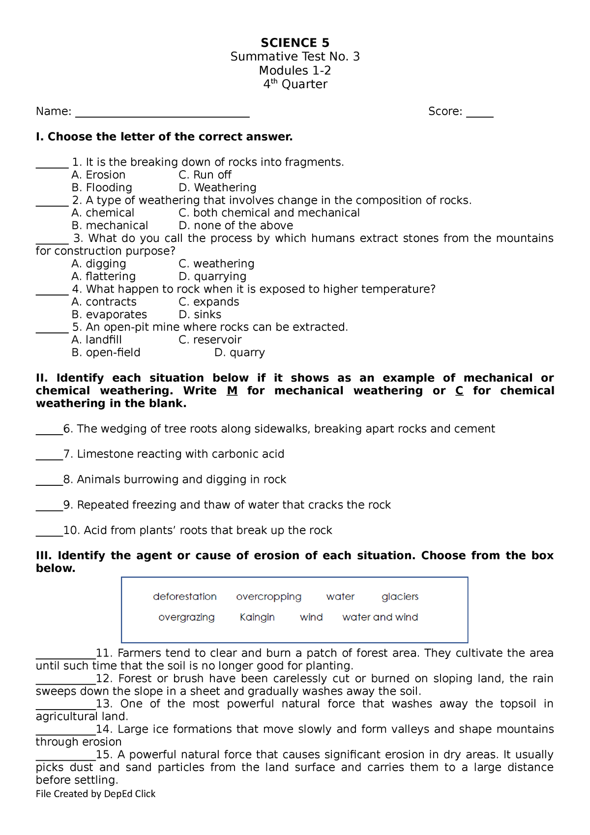 Science 5 ST1 Q4 - N/A - SCIENCE 5 Summative Test No. 3 Modules 1- 4 Th ...