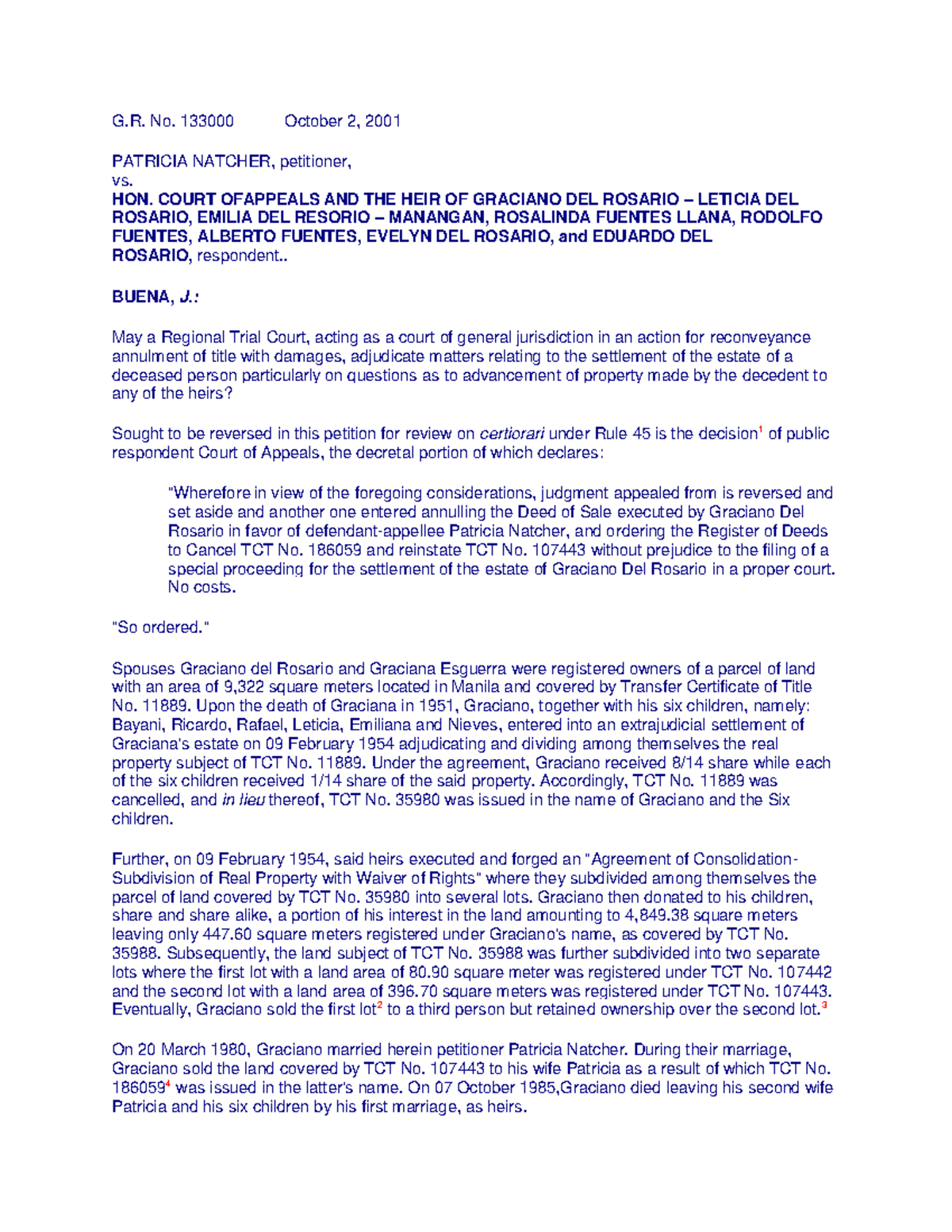 Spec Pro 3. Natcher vs CA - G. No. 133000 October 2, 2001 PATRICIA ...