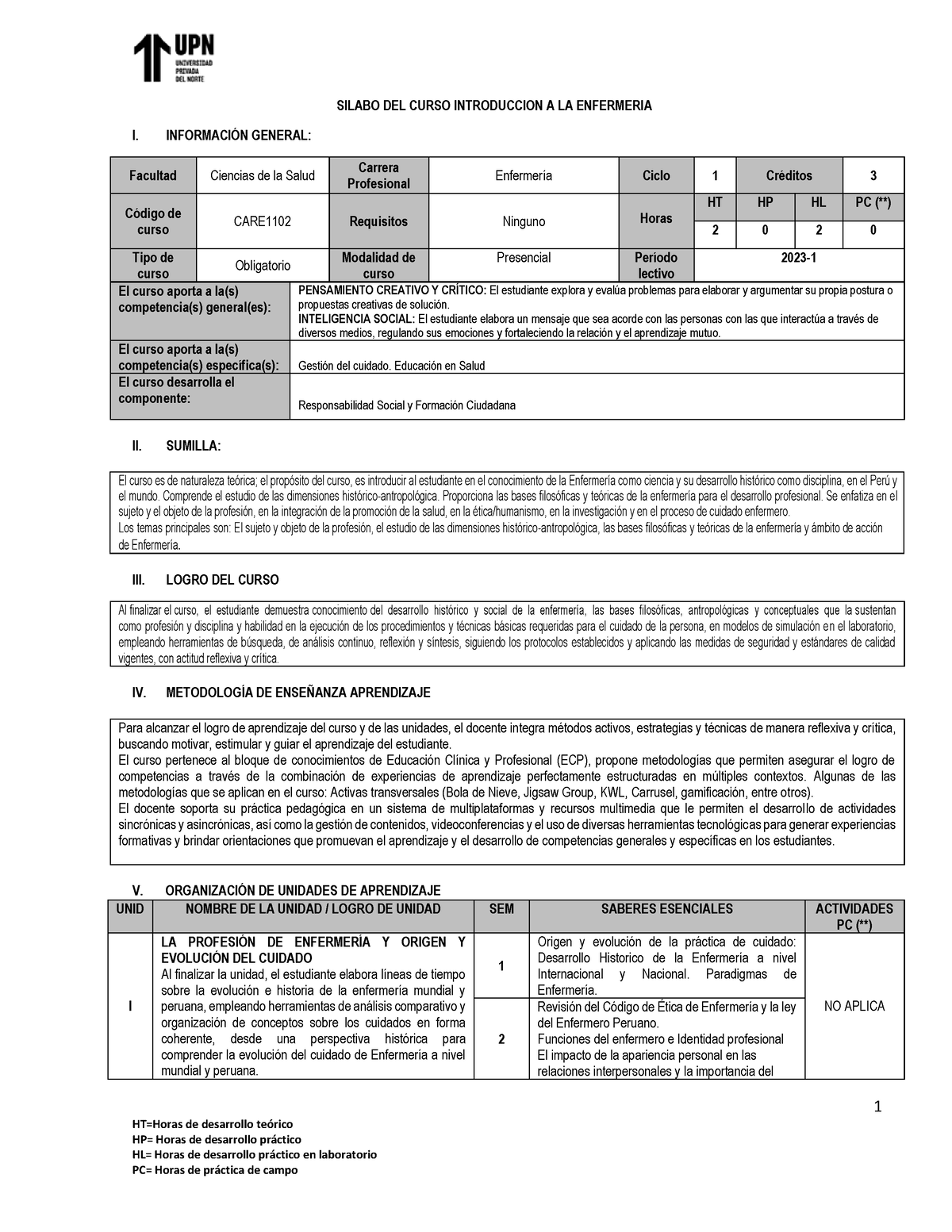 223413 CARE1102 - Silabo - 1 HT=Horas De Desarrollo Teórico HP= Horas ...