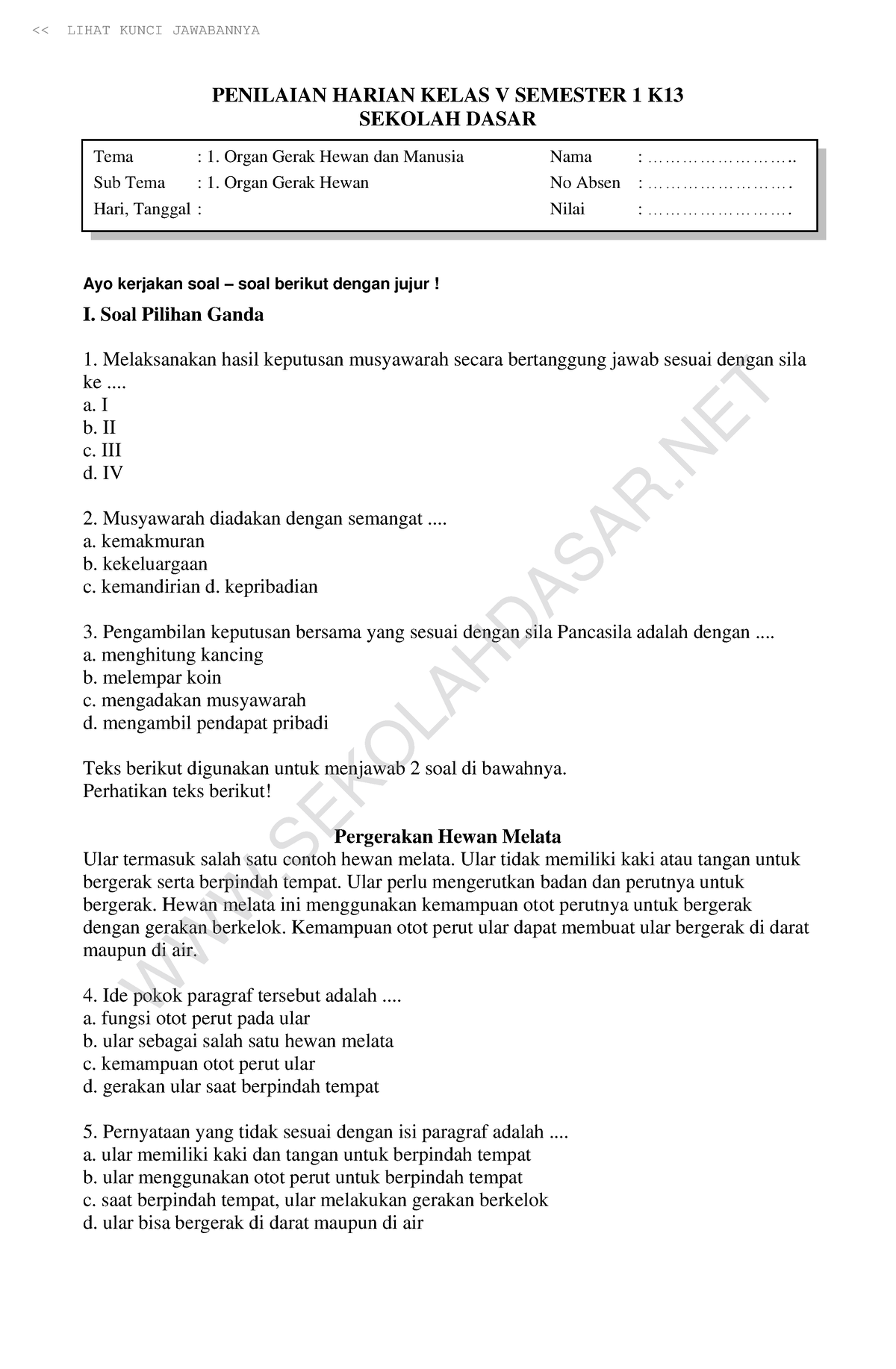 Soal Penilaian Harian Kelas 5 Tema 1 Subtema 1 Penilaian Harian Kelas V Semester 1 K Sekolah 5617