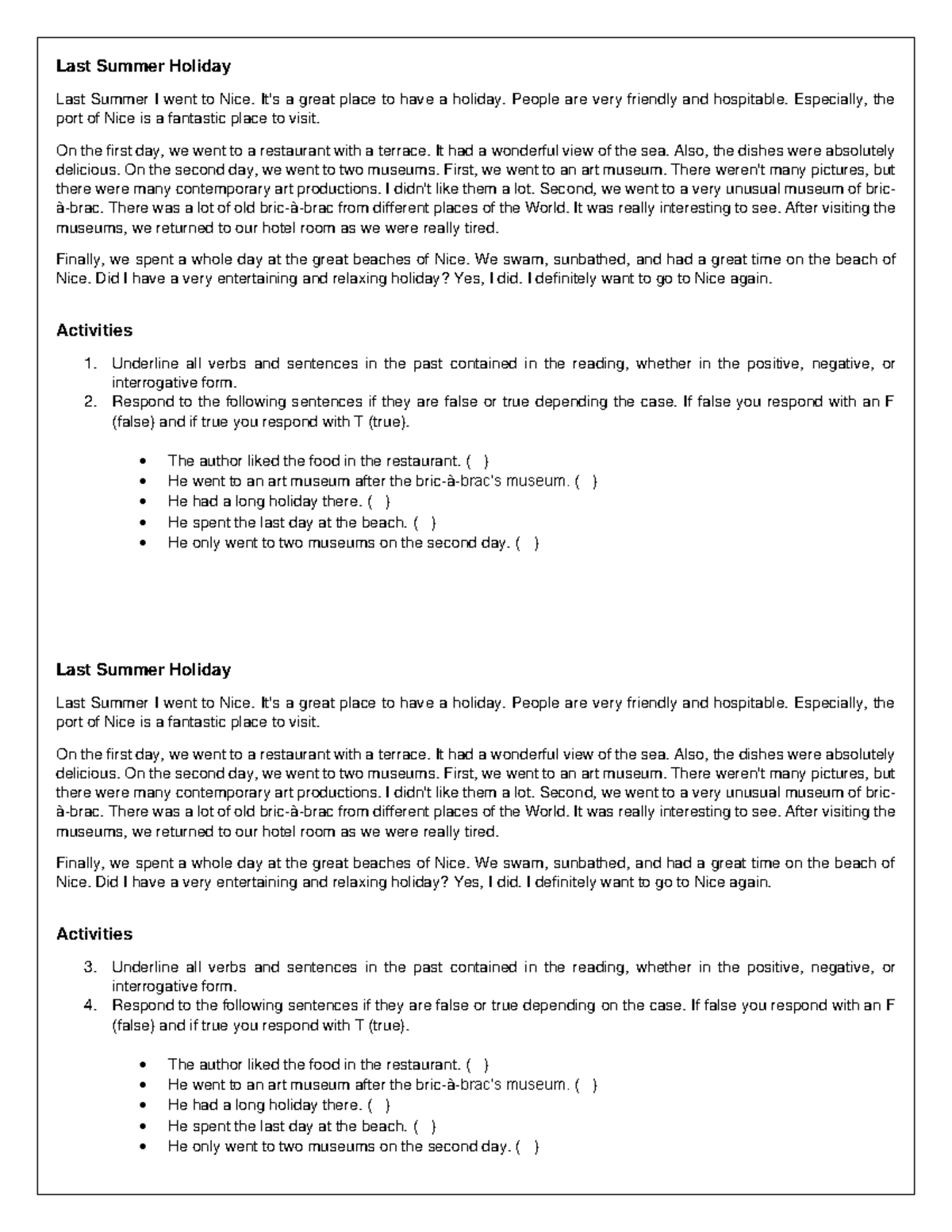 Last Summer Holiday - Past simple - Last Summer Holiday Last Summer I ...