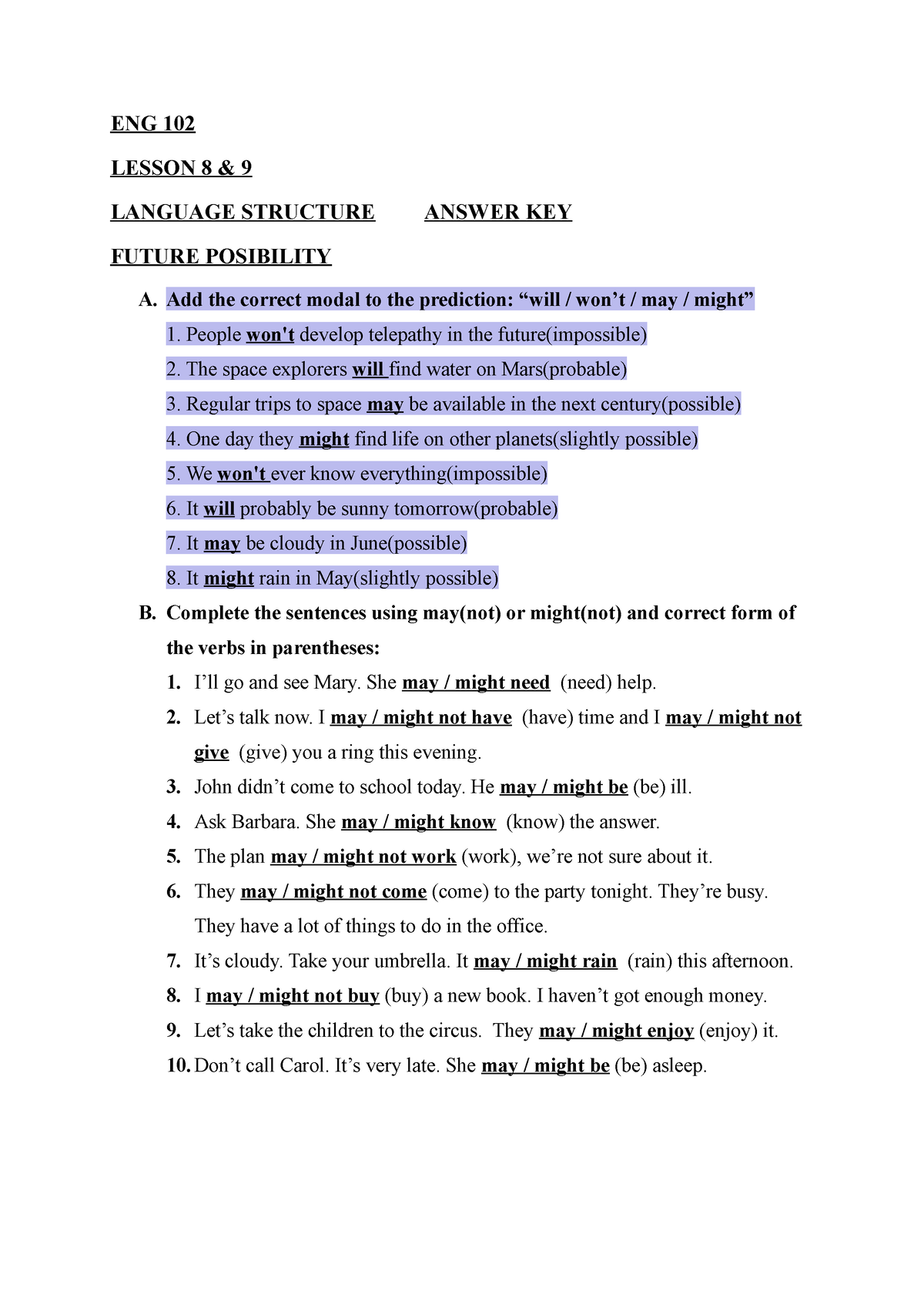 ENG 102 Lesson 8 9 Grammar Answer Key ENG 102 LESSON 8 9 LANGUAGE 