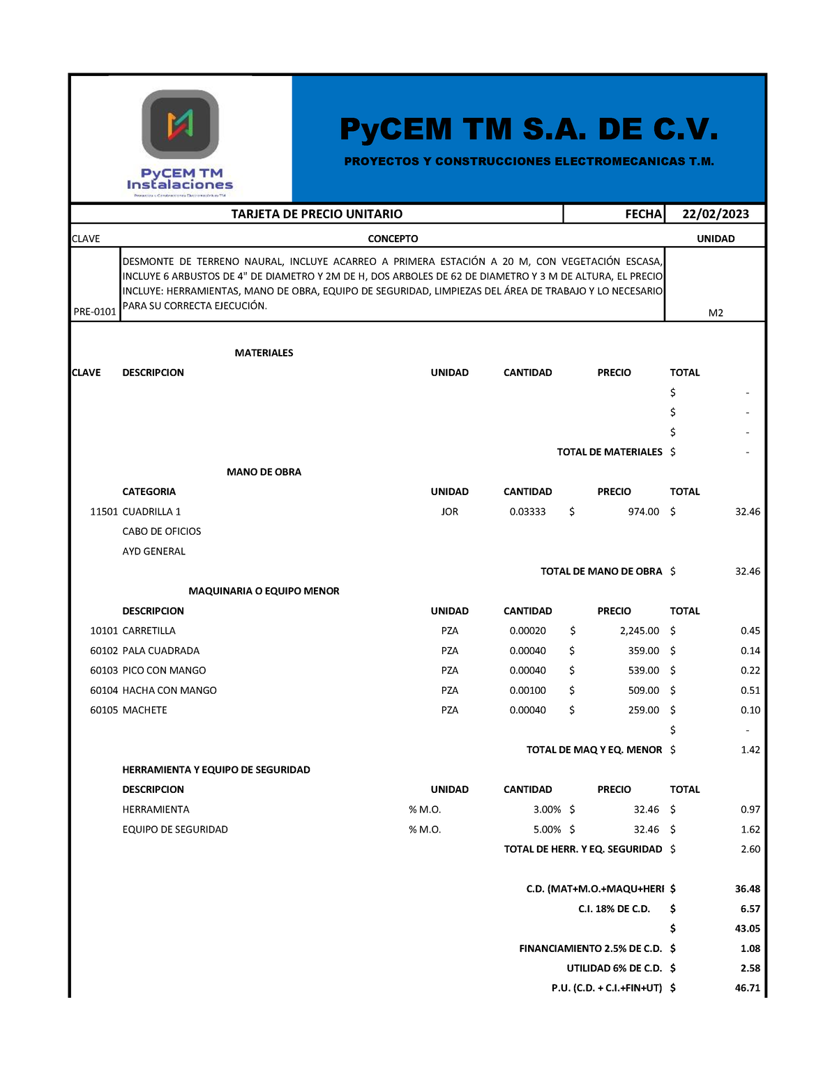 Formato Pu Py Cem 1 Fecha 2202 Clave Unidad Pre 0101 M Clave Unidad Cantidad Precio Total 9651