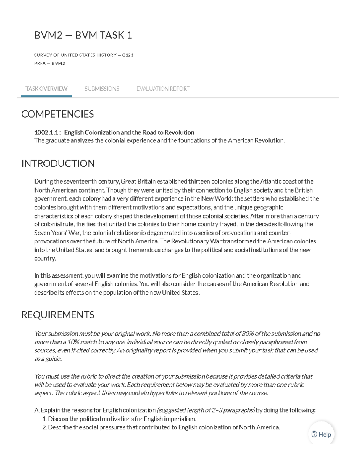 Task 1 - BVM2 — BVM TASK 1 SURVEY OF UNITED STATES HISTORY — C PRFA ...
