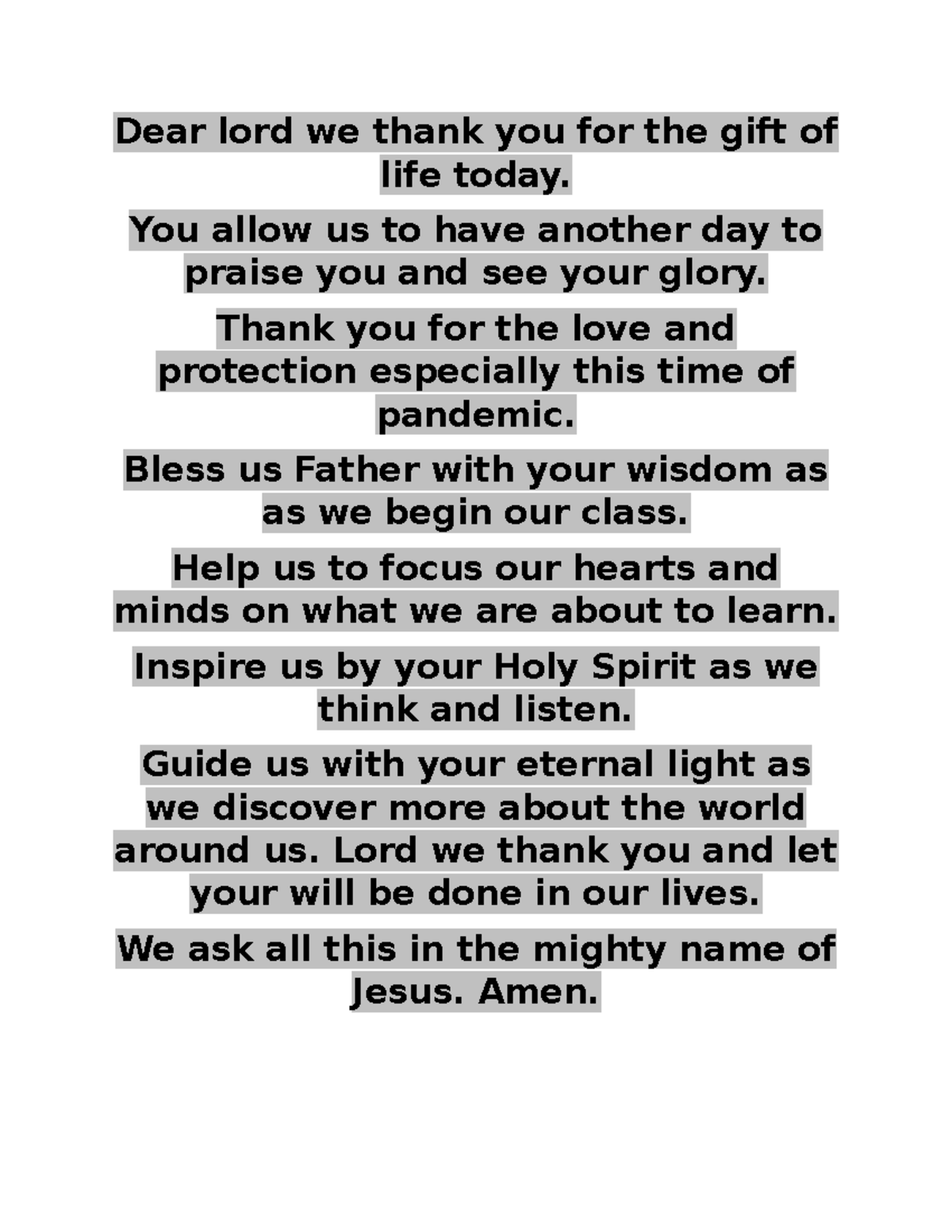 School Prayer - nac;lkdfasdfk - Dear lord we thank you for the gift of ...