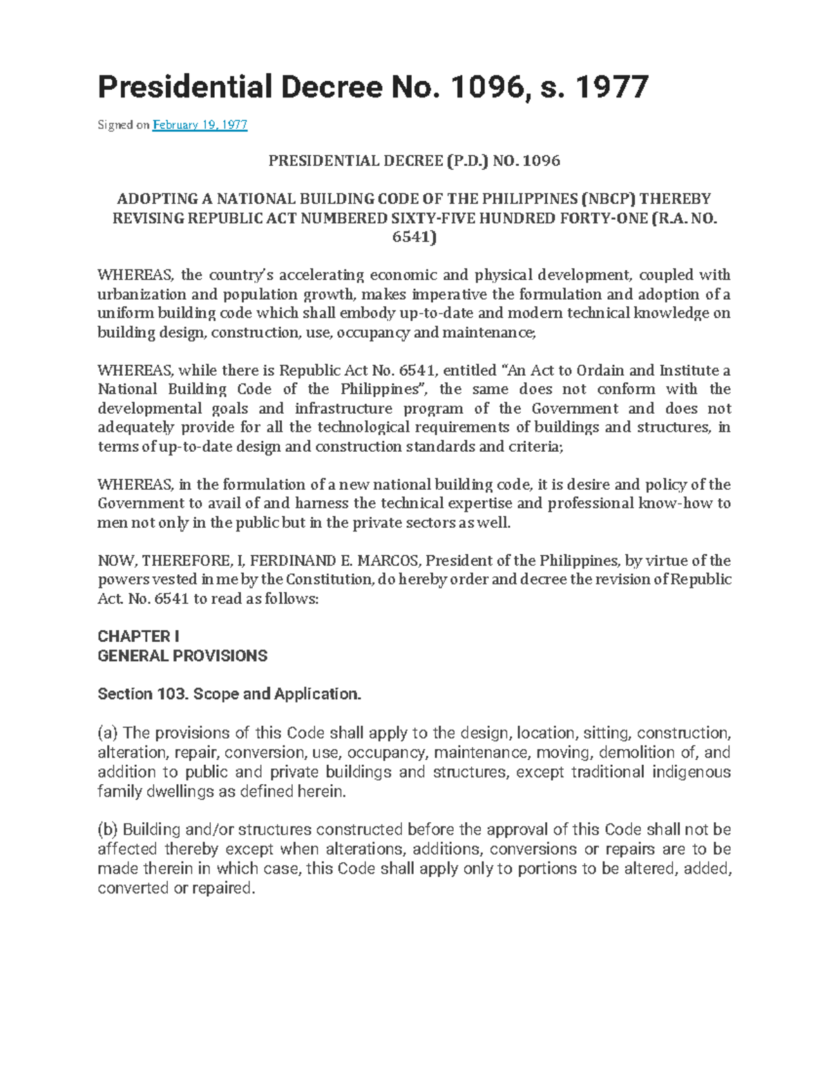 Presidential Decree No - 1096, s. 1977 Signed on February 19, 1977 ...