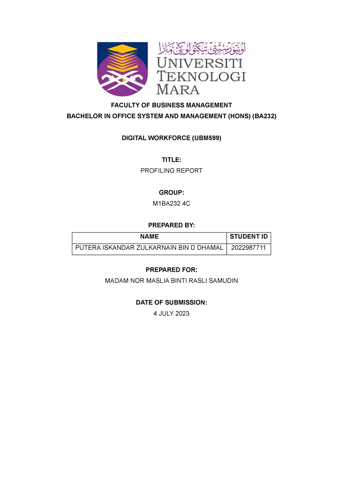 Profiling Report - FACULTY OF BUSINESS MANAGEMENT BACHELOR IN OFFICE ...