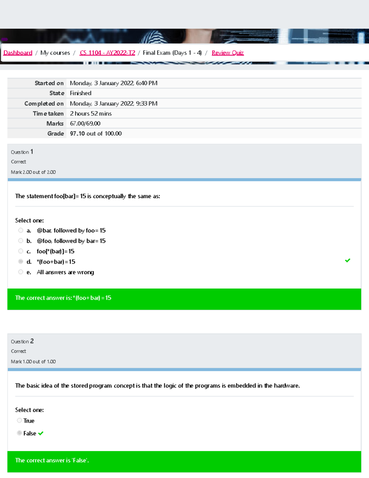 Review Quiz Attempt review - Started on Monday, 3 January 2022, 6:40 PM ...