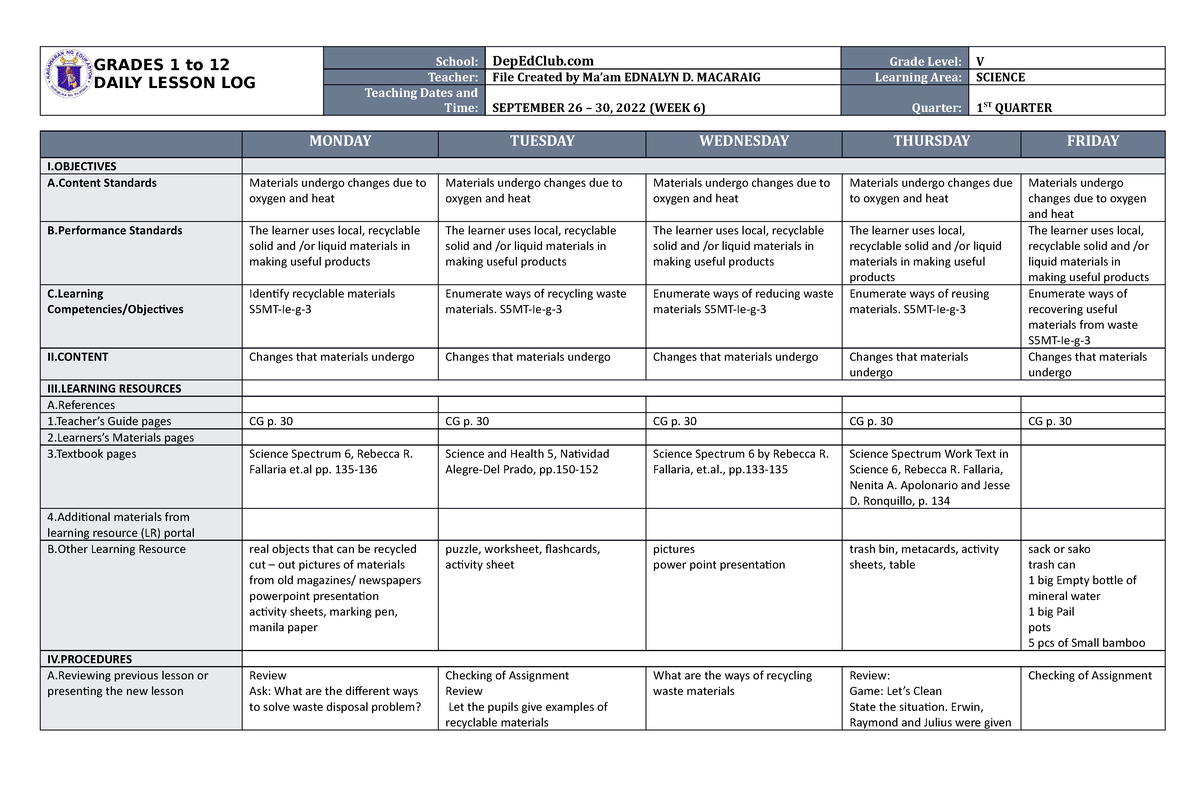 DLL Science 5 Q1 W6 - Detailed Lesson Plan - GRADES 1 to 12 DAILY ...