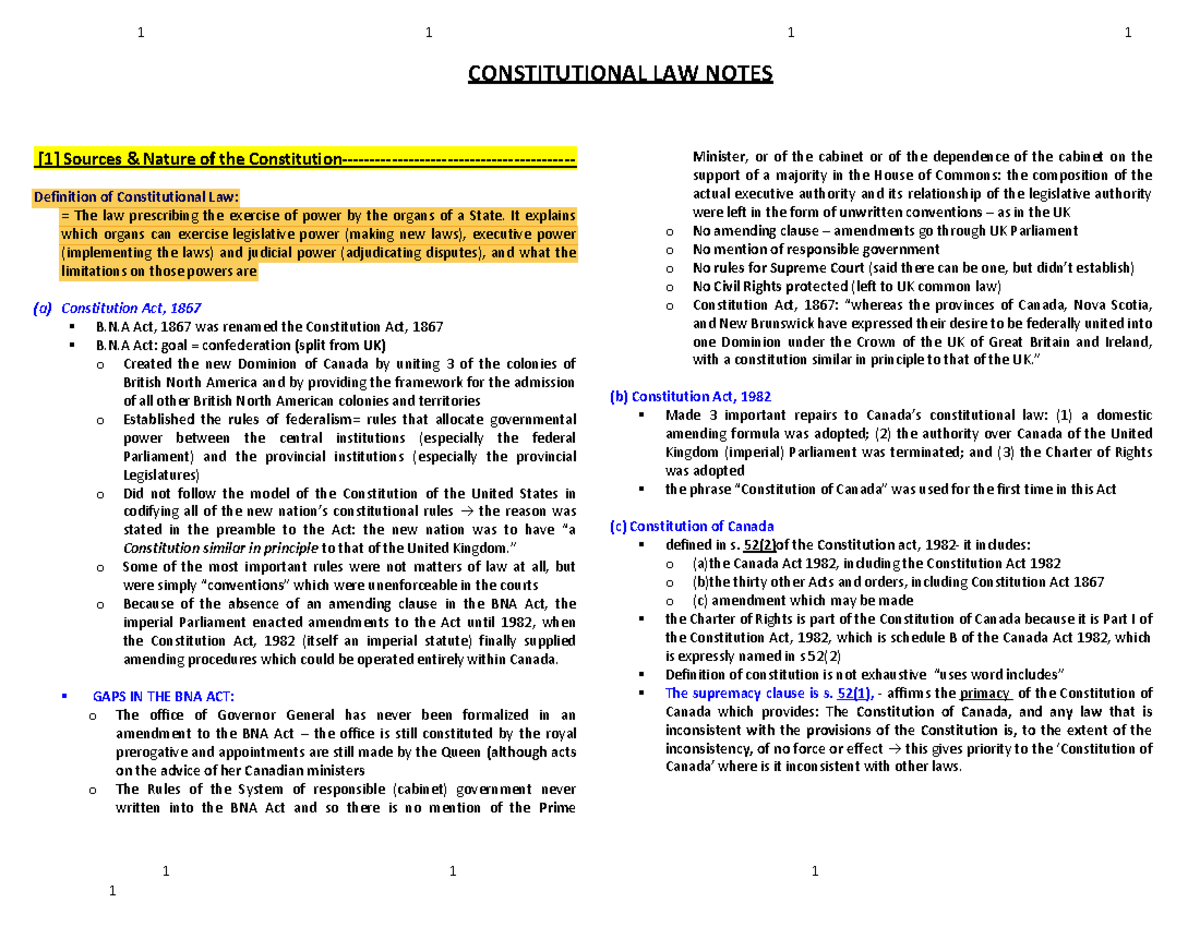 CCL notes 1 1 1 CONSTITUTIONAL LAW NOTES [1] Sources & Nature of the