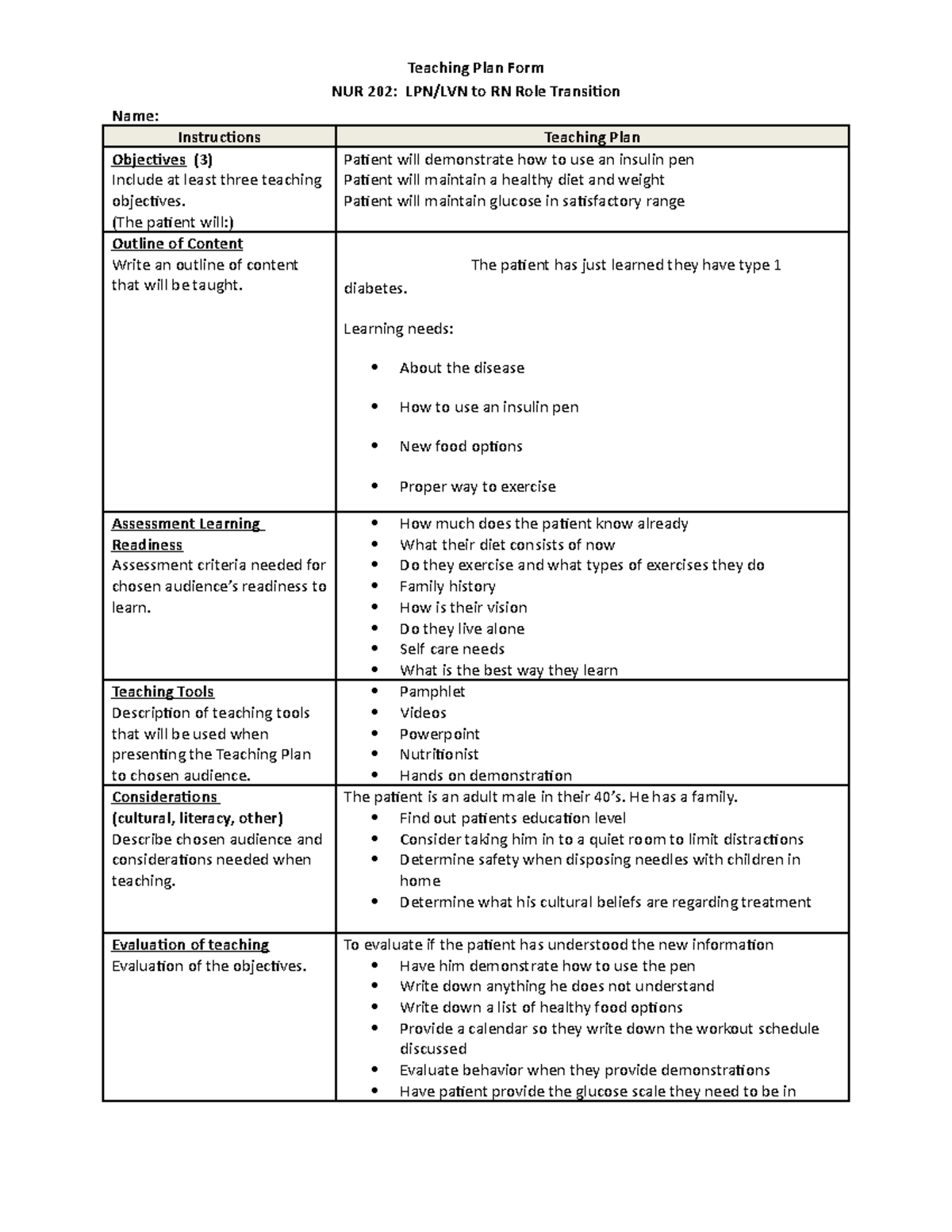 NUR 202 Teaching Plan Form 0318-1 - Teaching Plan Form NUR 202: LPN/LVN ...