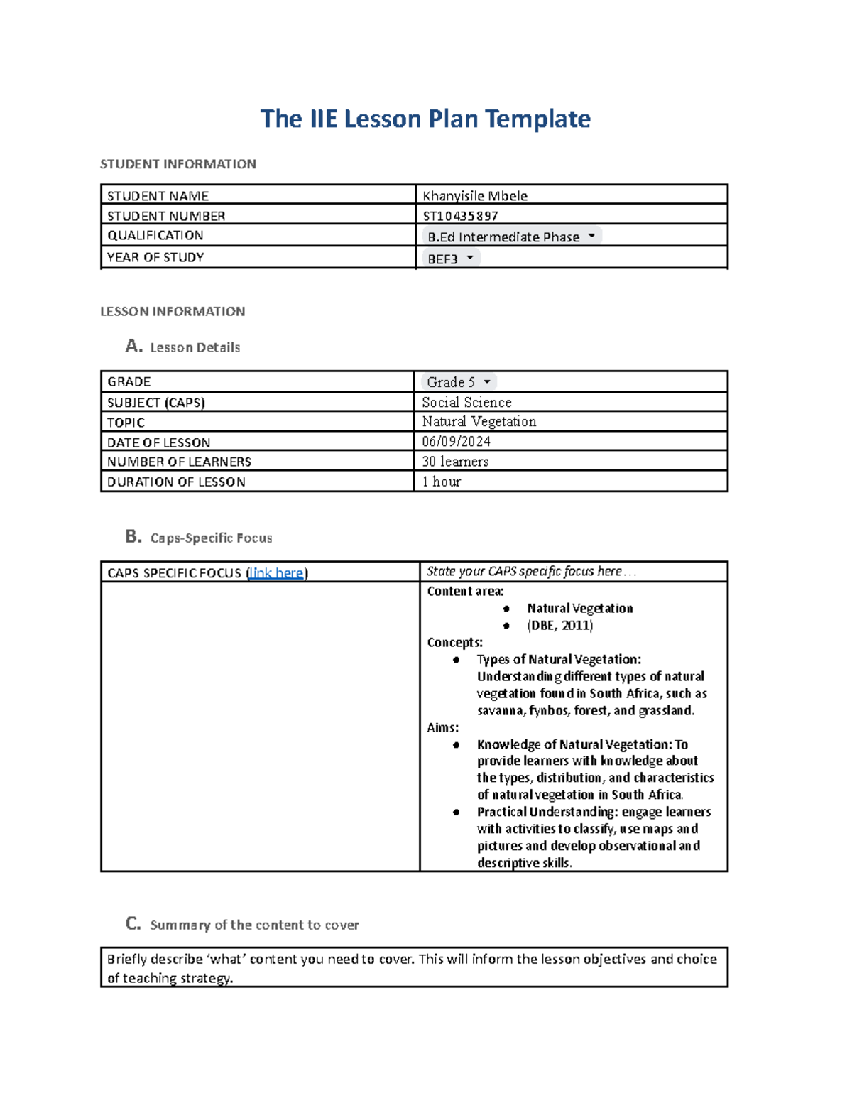 CRIT Lesson -2 - The IIE Lesson Plan Template STUDENT INFORMATION ...