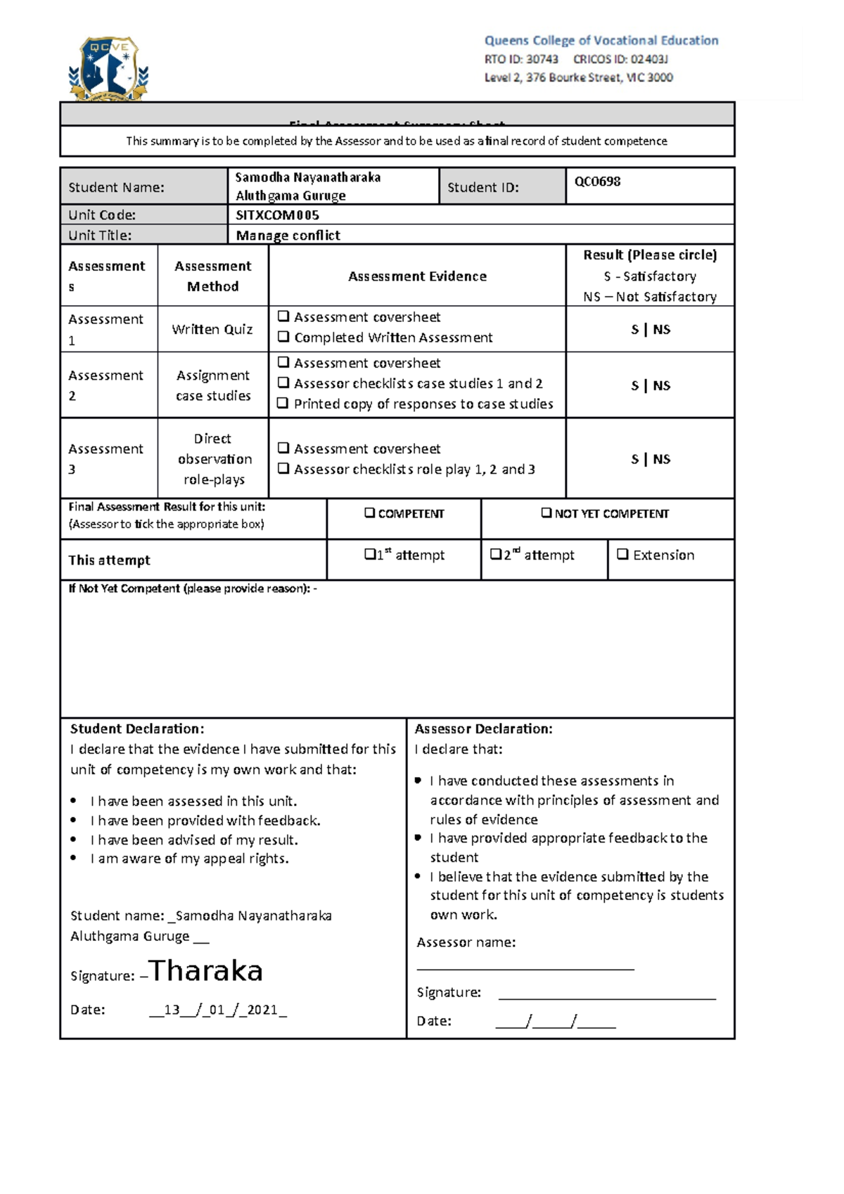 Final Assessment Summary Sheet Sitxcom 005 Manage Conflict - Final ...