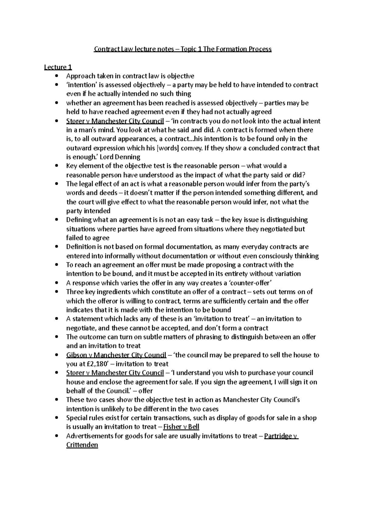 Topic 1 - Formation Process - Contract Law lecture notes Topic 1 The ...