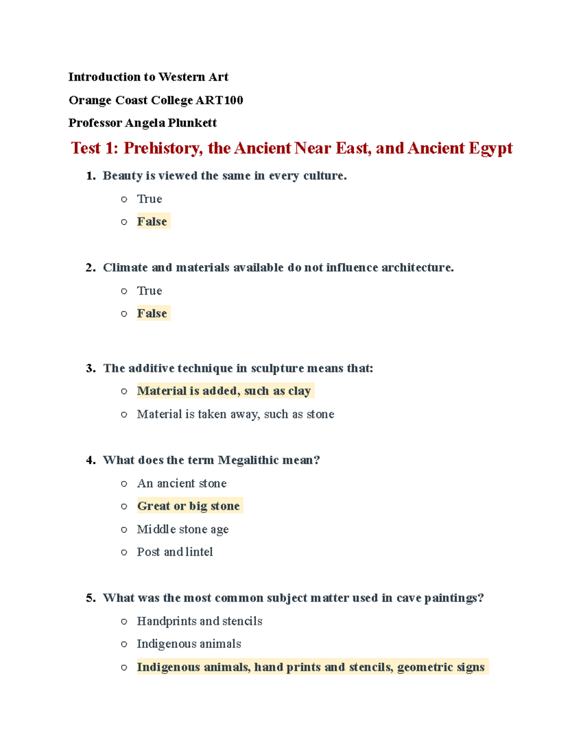 Test 1 Prehistory, the Ancient Near East, and Ancient Egypt Questions and Answers