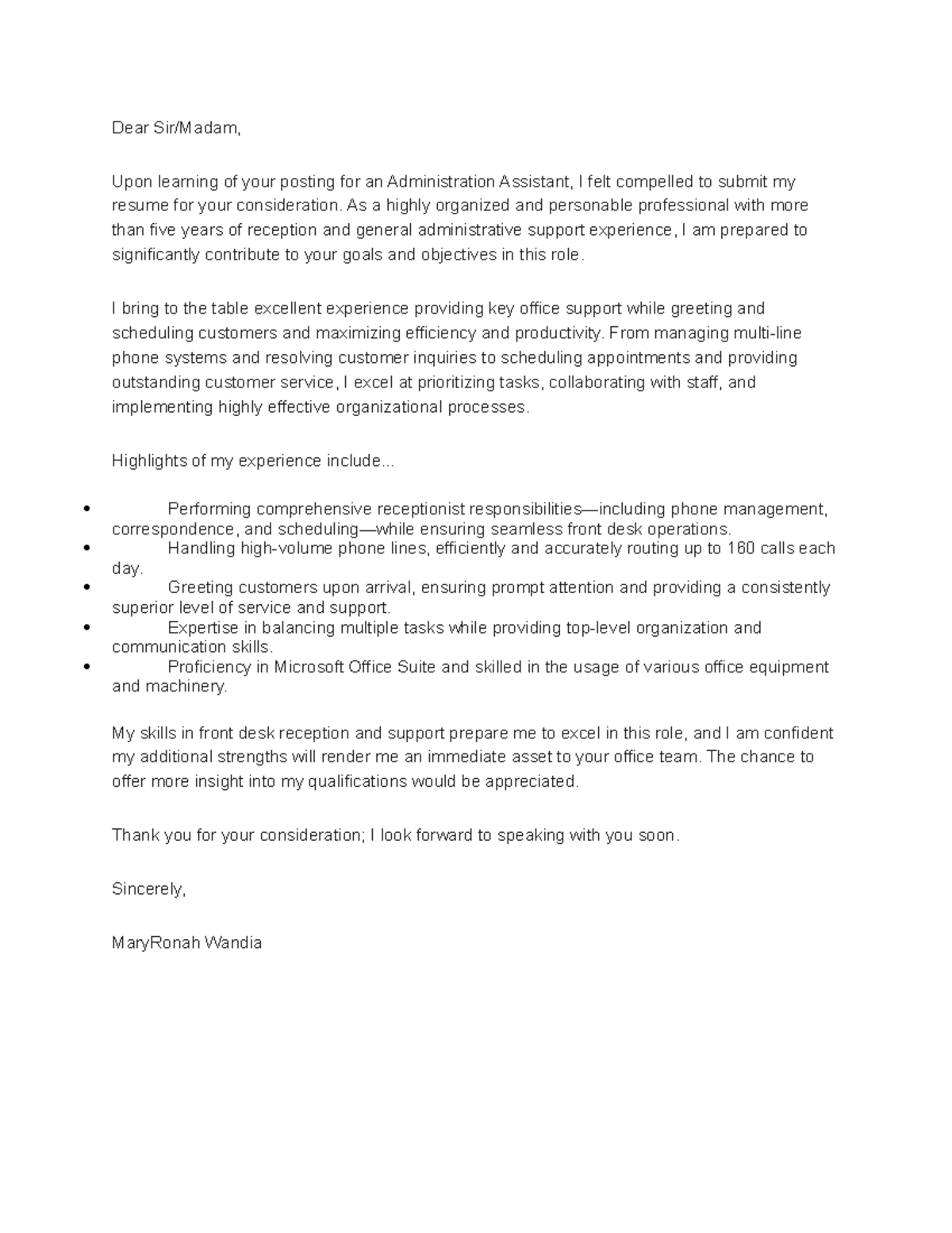 Administration Assistant Application Letter - Dear Sir/Madam, Upon ...