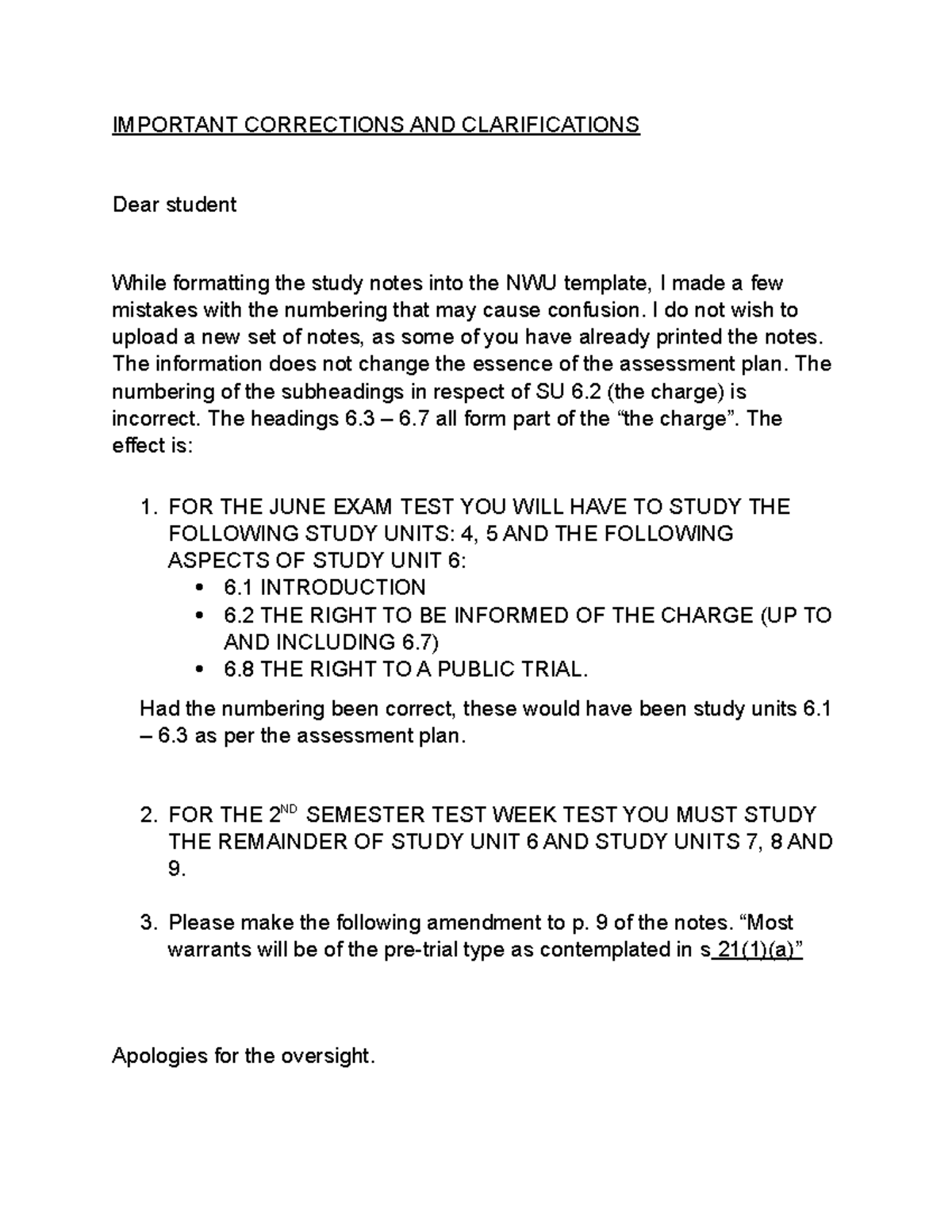 Important Corrections AND Clarifications - IMPORTANT CORRECTIONS AND ...