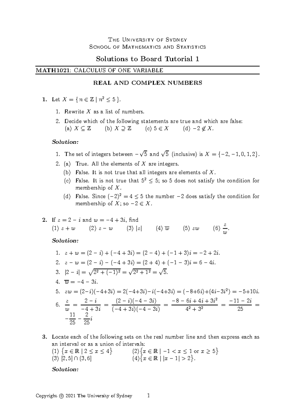 Tutorial 1 Sol - The University Of Sydney School Of Mathematics And ...