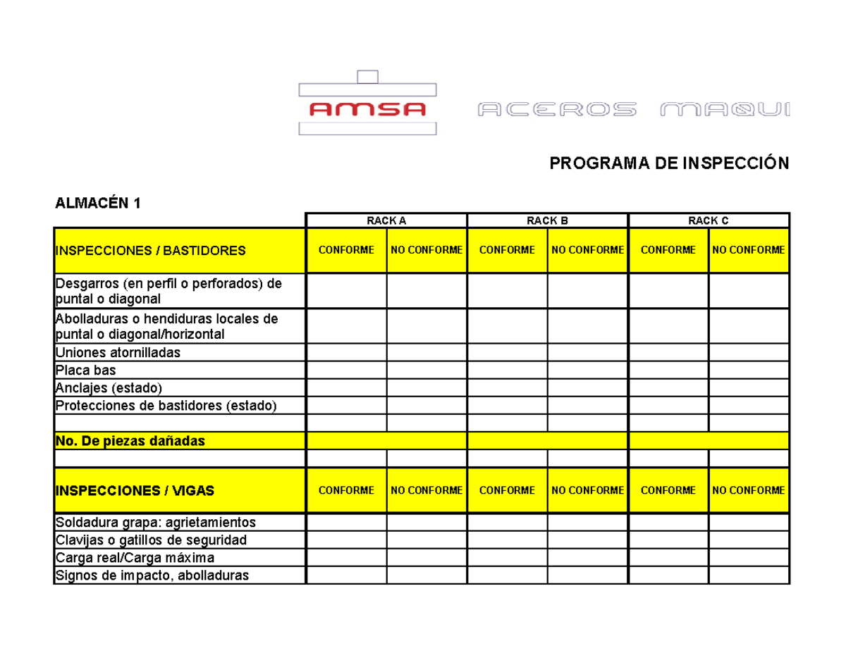 Ilide - PROGRAMA DE INSPECCIÓN A ESTA ALMACÉN 1 RACK A RACK B RACK C ...