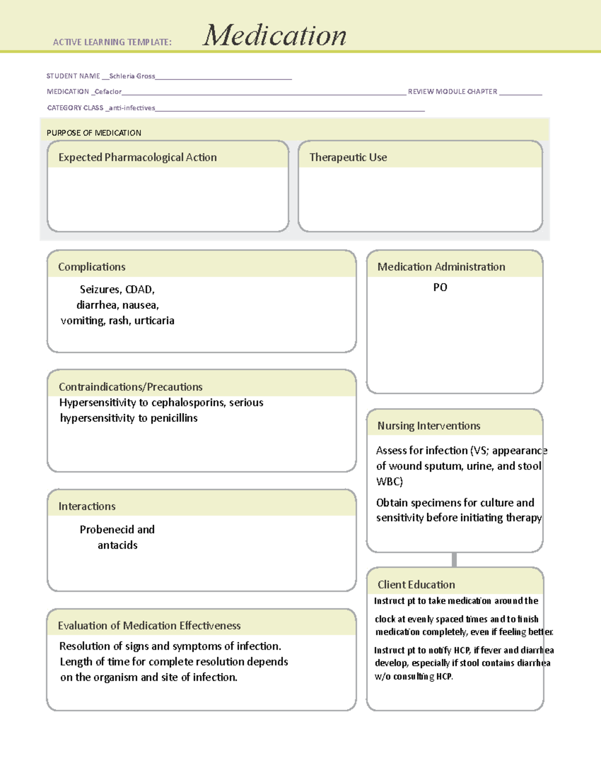 Cefaclor Medication Template - STUDENT NAME Schleria Gross