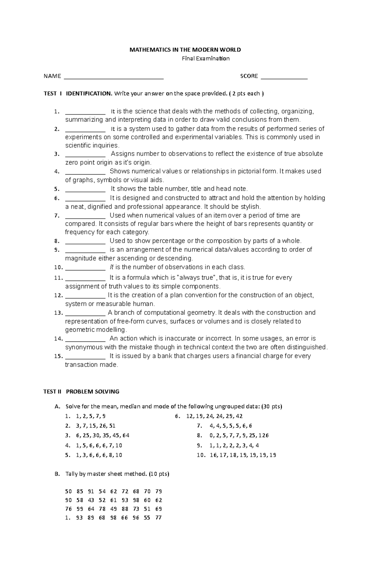 Mmwfinals - Sample Examinations For Mmw - MATHEMATICS IN THE MODERN ...