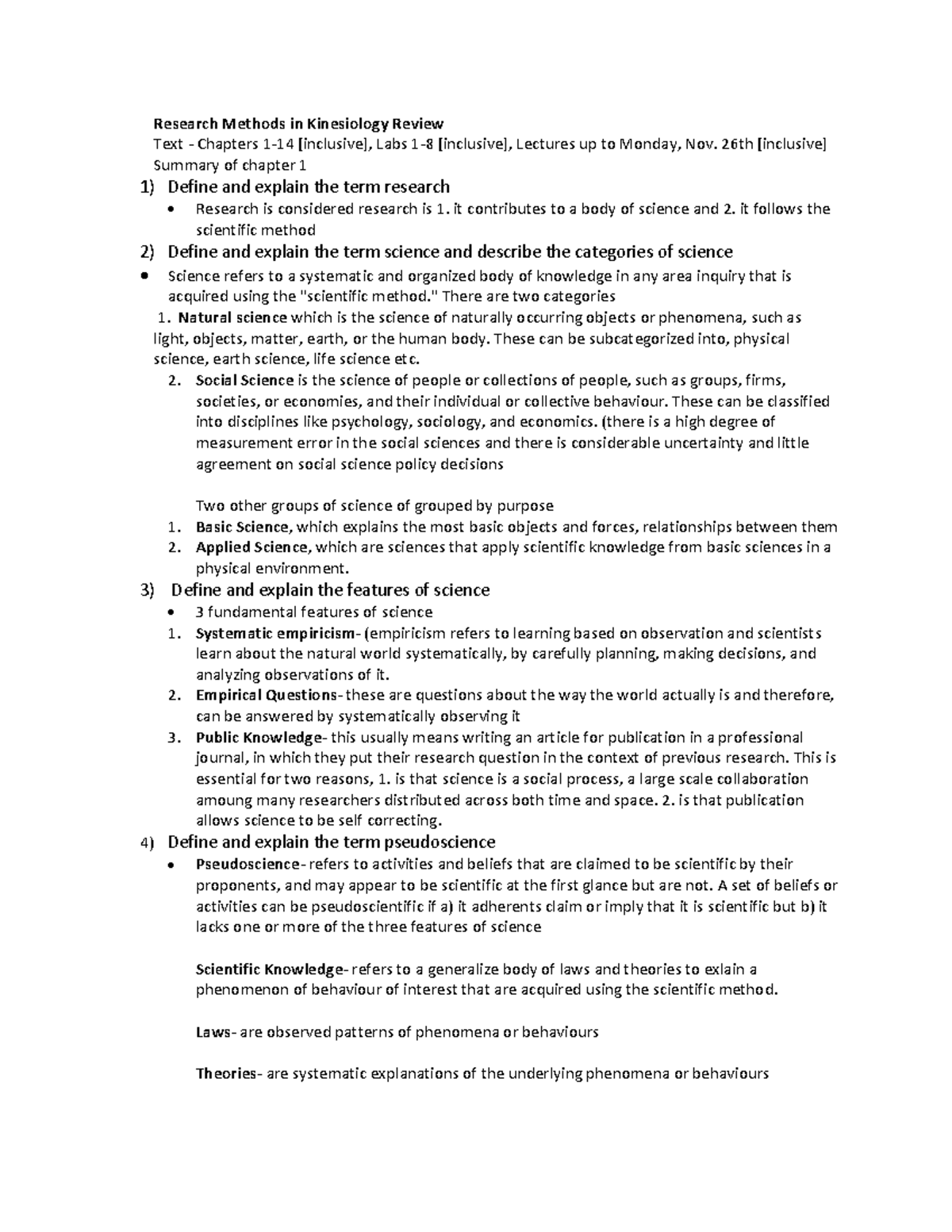 KINE 2049 Review - Lecture notes 1-14 - Research Methods in Kinesiology ...