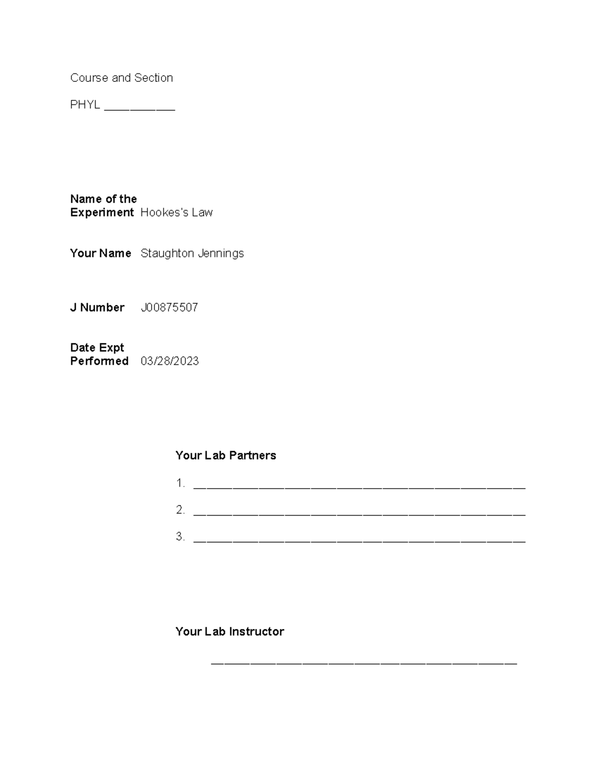 Hooke's Law (Lab 9) - Course and Section PHYL ___________ Name of the ...