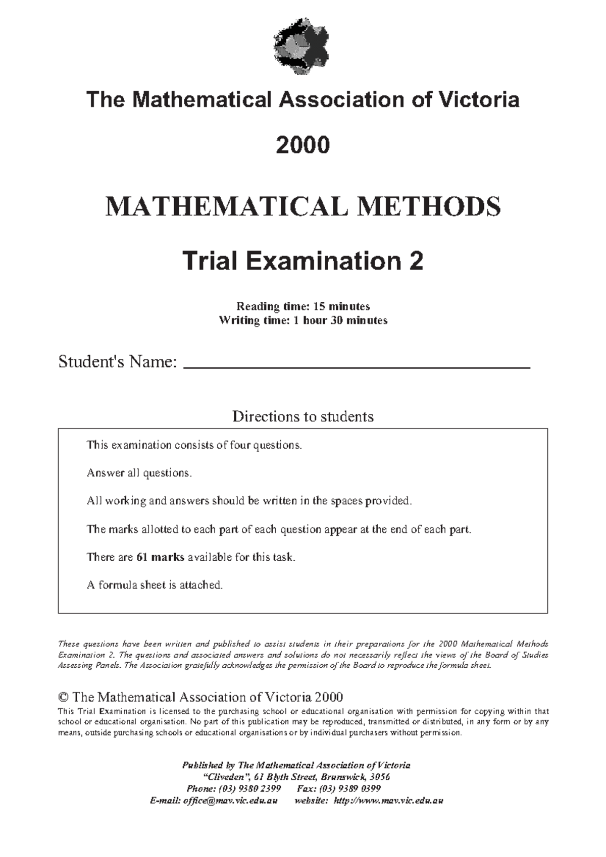 [Methods] 2000 MAV Exam 2 - The Mathematical Association of Victoria ...