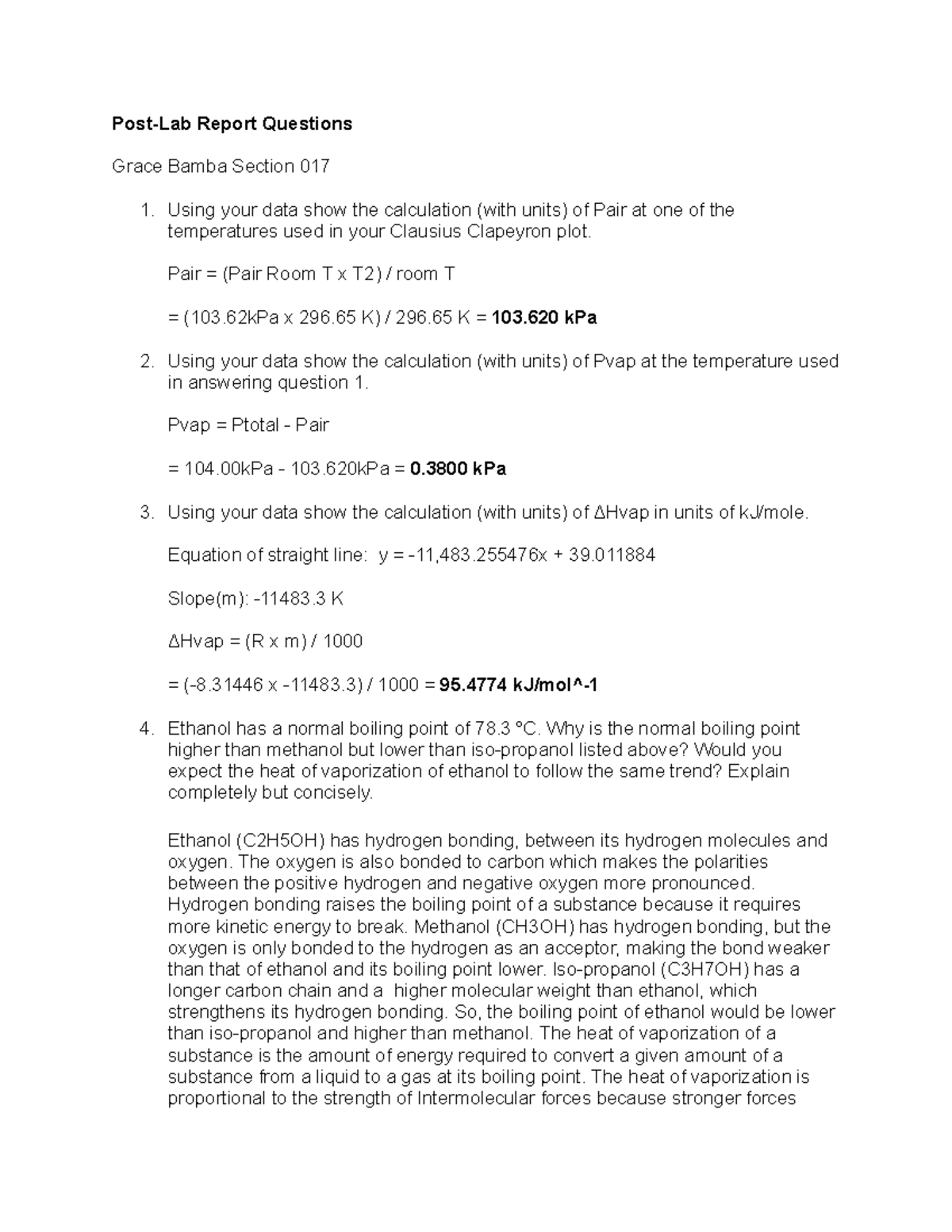 Measuring the Vapor Pressure of a Volatile Liquid PostLab Report