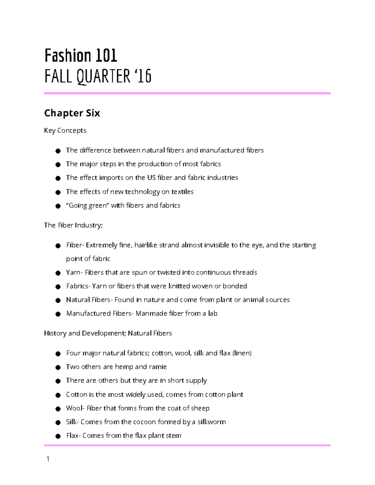 F6 - Lecture notes 6 - Fashion 101 FALL QUARTER ‘ Chapter Six Key ...