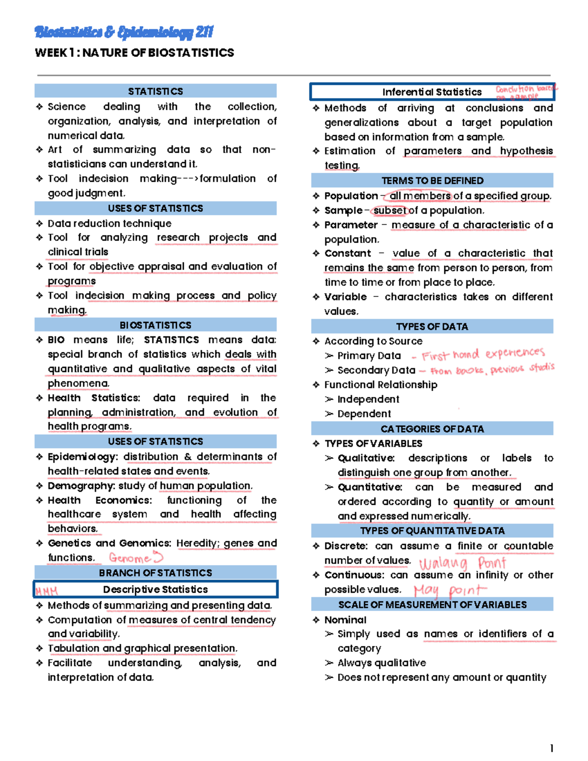 BIOE 211- Nature OF Biostatistics - Bitatistic & Epidemiolog 211 WEEK 1 ...