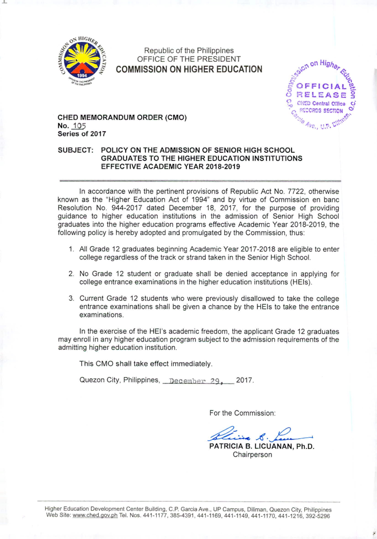 CMO-No - Policies - Republic of the Philippines OFFICE OF THE PRESIDENT ...