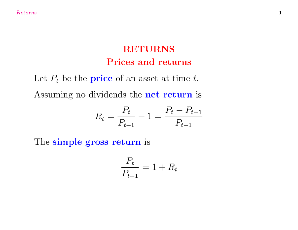 Study Materials - Time Series Concepts - RETURNS Prices and returns Let ...