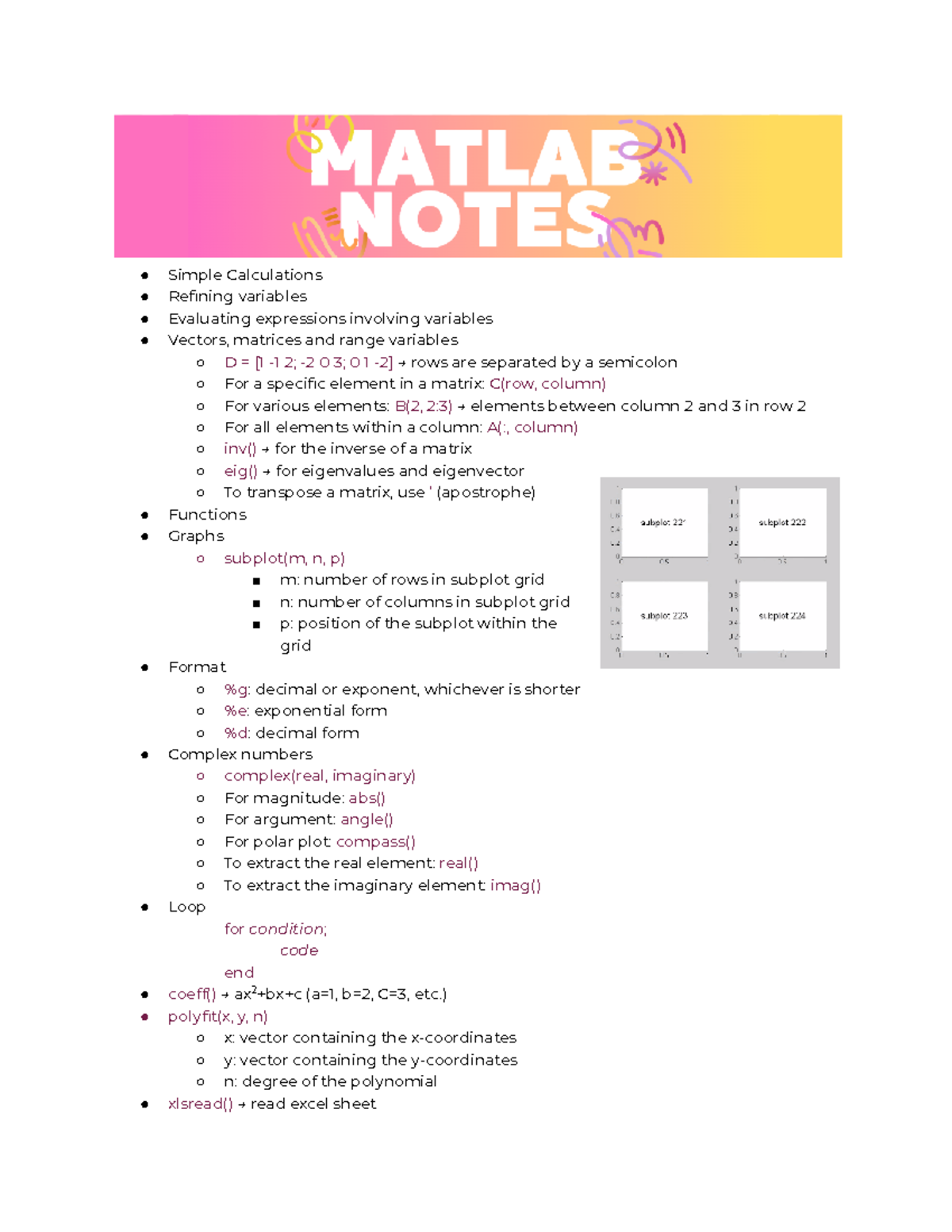 Matlab Materials Notes Simple Calculations Refining variables