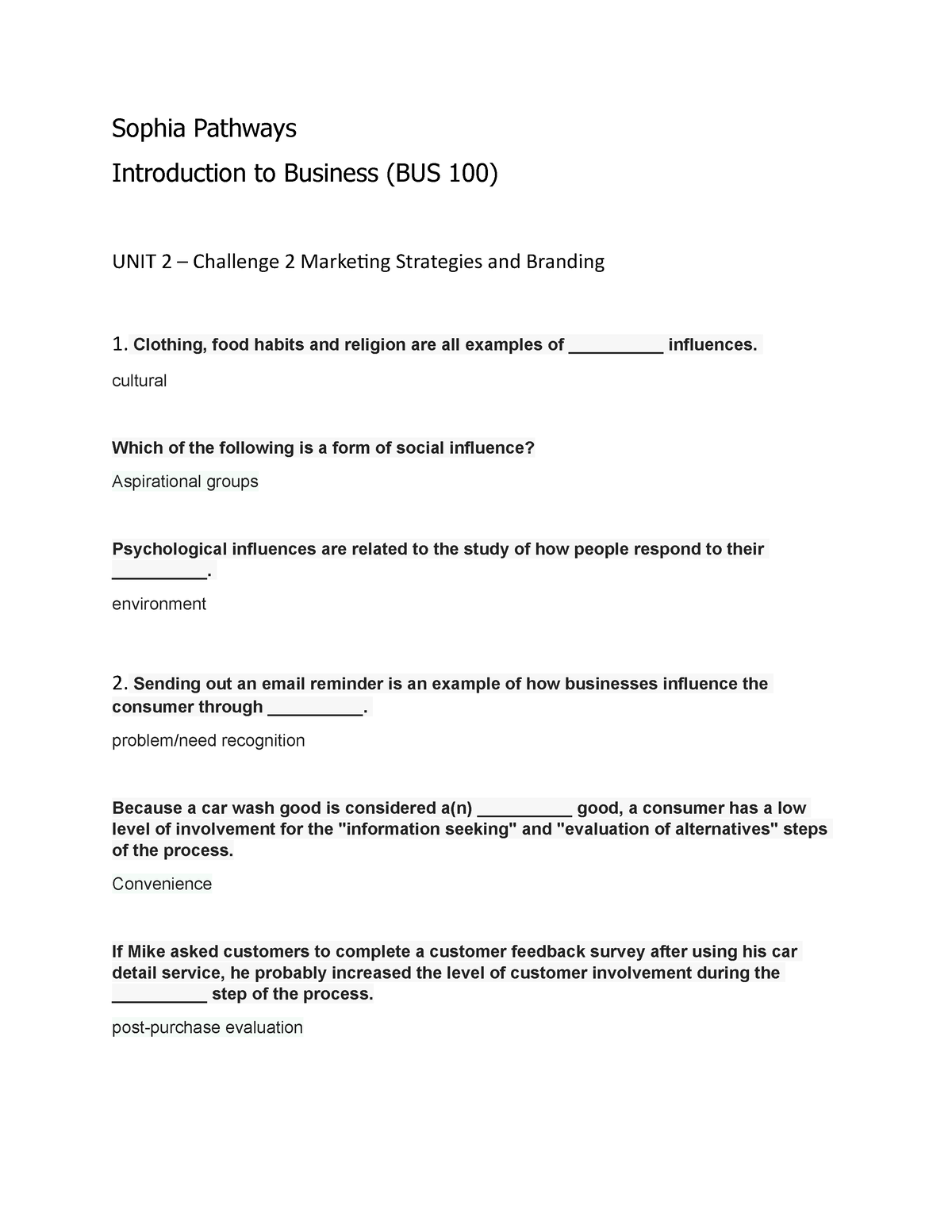 BUS 100 Unit 2 Challenge 2 - Sophia Pathways Introduction to Business (BUS  100) UNIT 2 – Challenge 2 - Studocu
