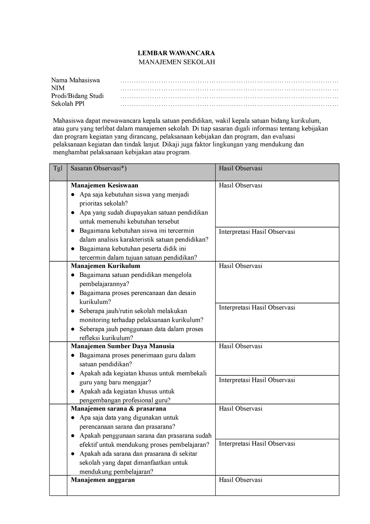 Lampiran Contoh Format Lembar Observasi Manajemen Sekolah Lampiran Lembar Wawancara Sexiezpix 2077