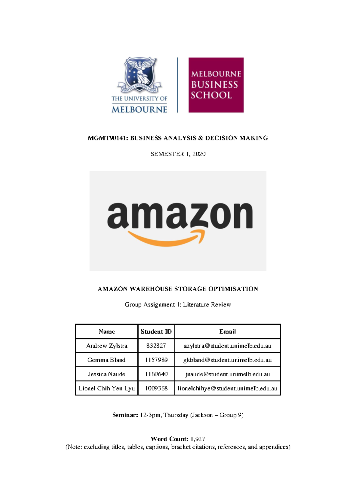 Amazon - Warehouse Storage Problem - MGMT90141: BUSINESS ANALYSIS ...