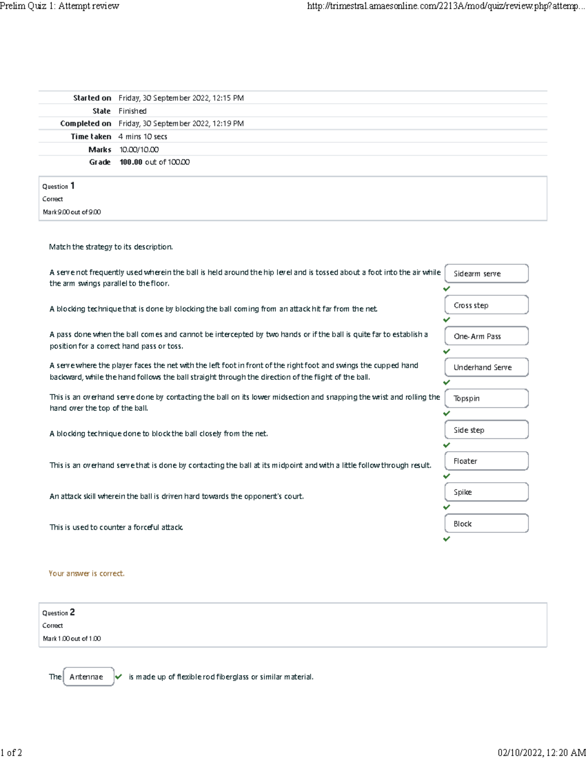 TEAM Sports Prelim QUIZ 1 Started on Friday, 30 September 2022, 1215
