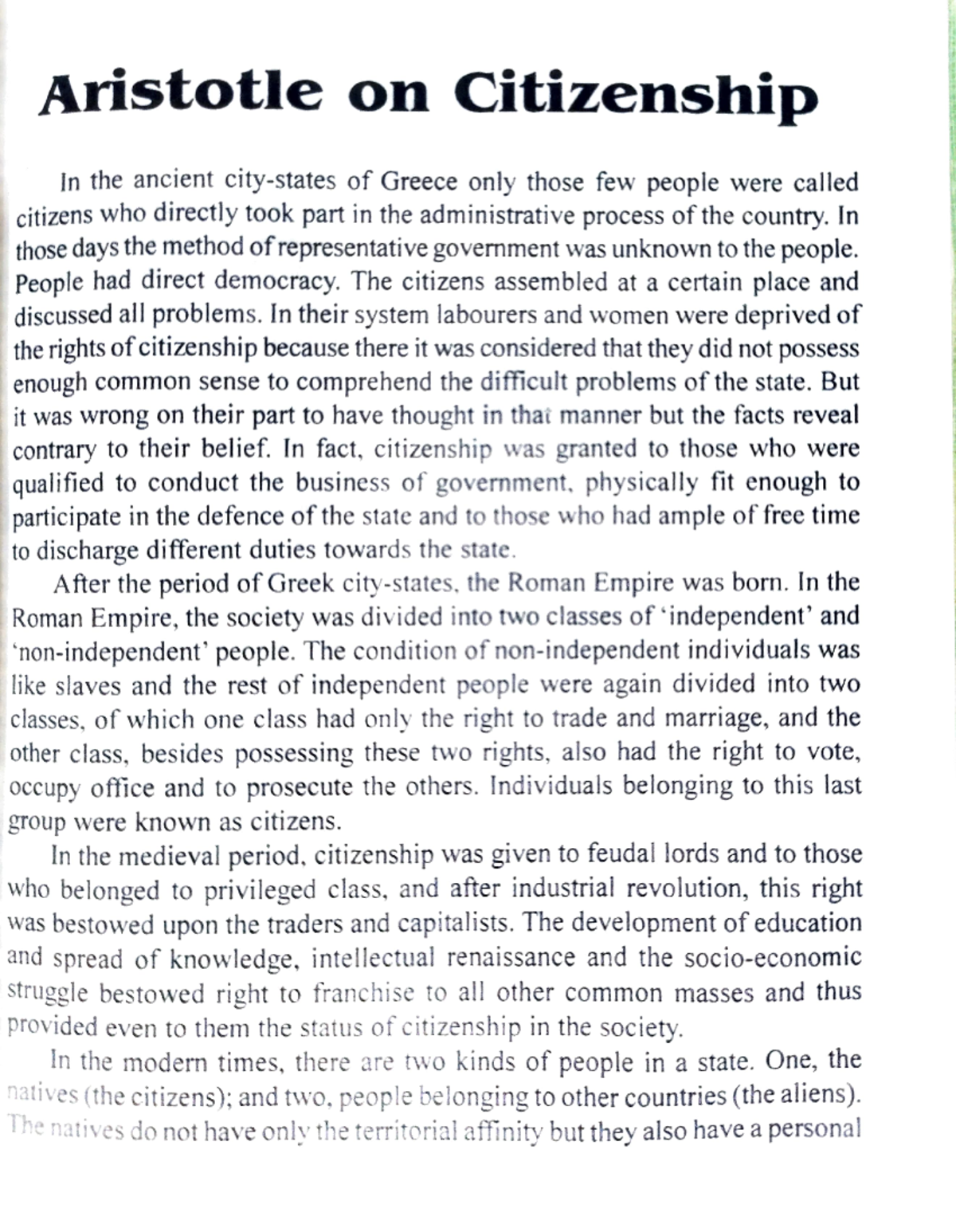 Aristotle on citizenship - In the ancient city-states of Greece only ...