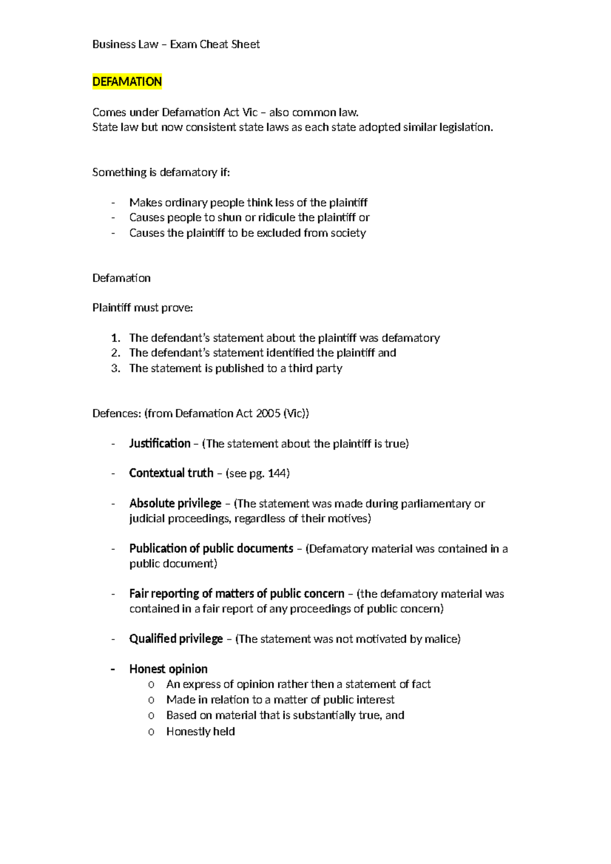 Exam Cheat Sheet Notes - Defamation Comes Under Defamation Act Vic 